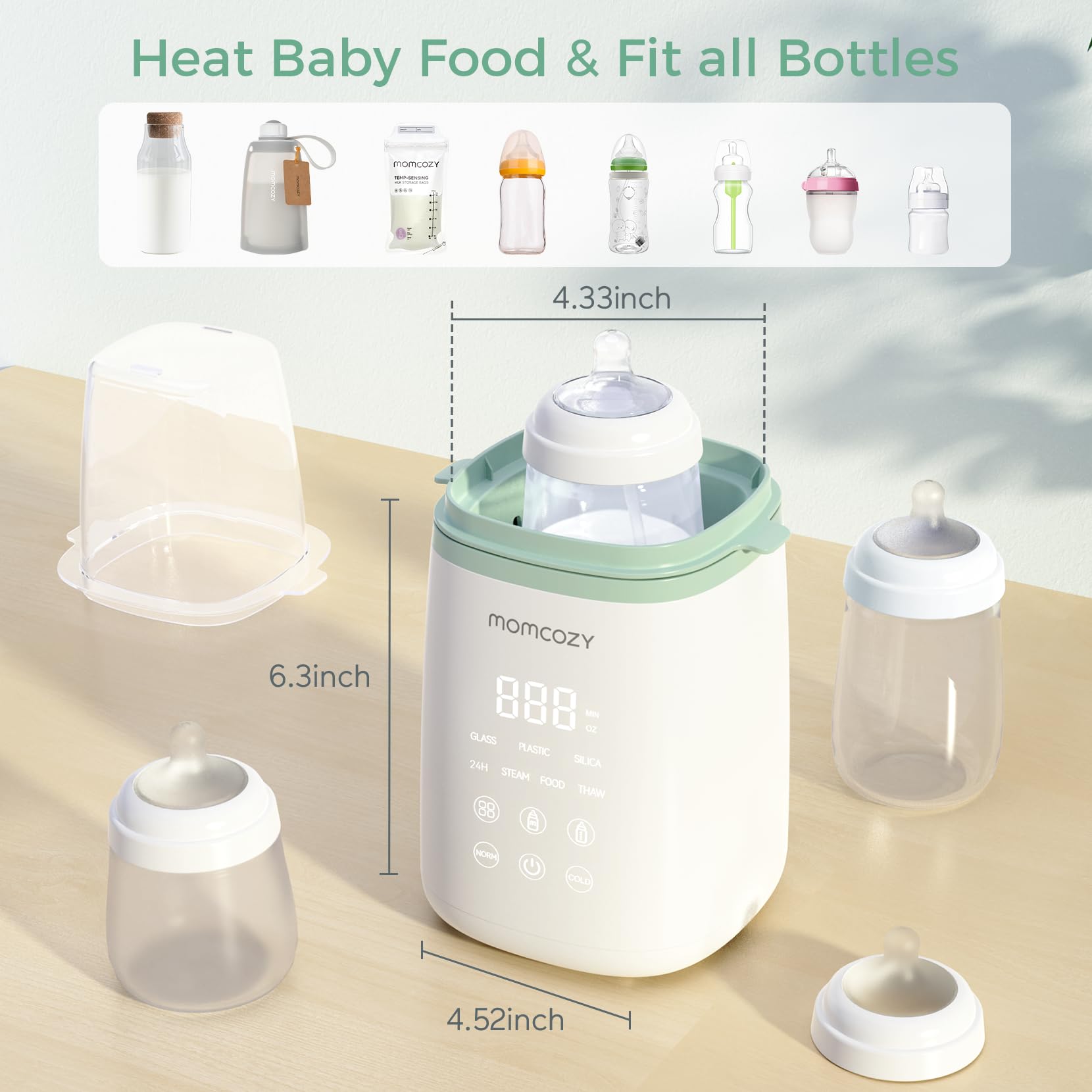 Momcozy Bottle Warmer 24-hour keep-warm indicator shows lasting warmth.