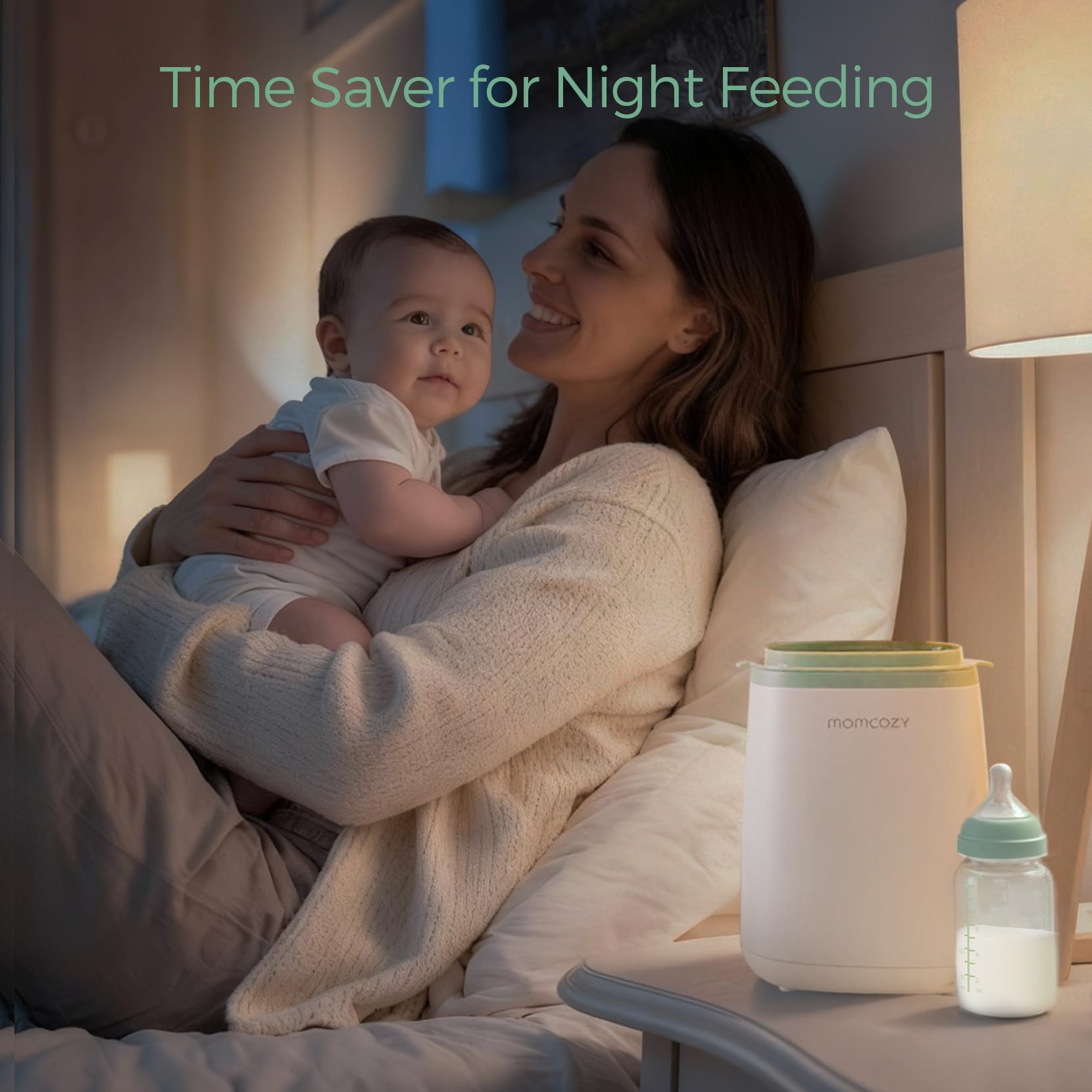 Momcozy Bottle Warmer bottle compatibility icon highlights versatile bottle types.