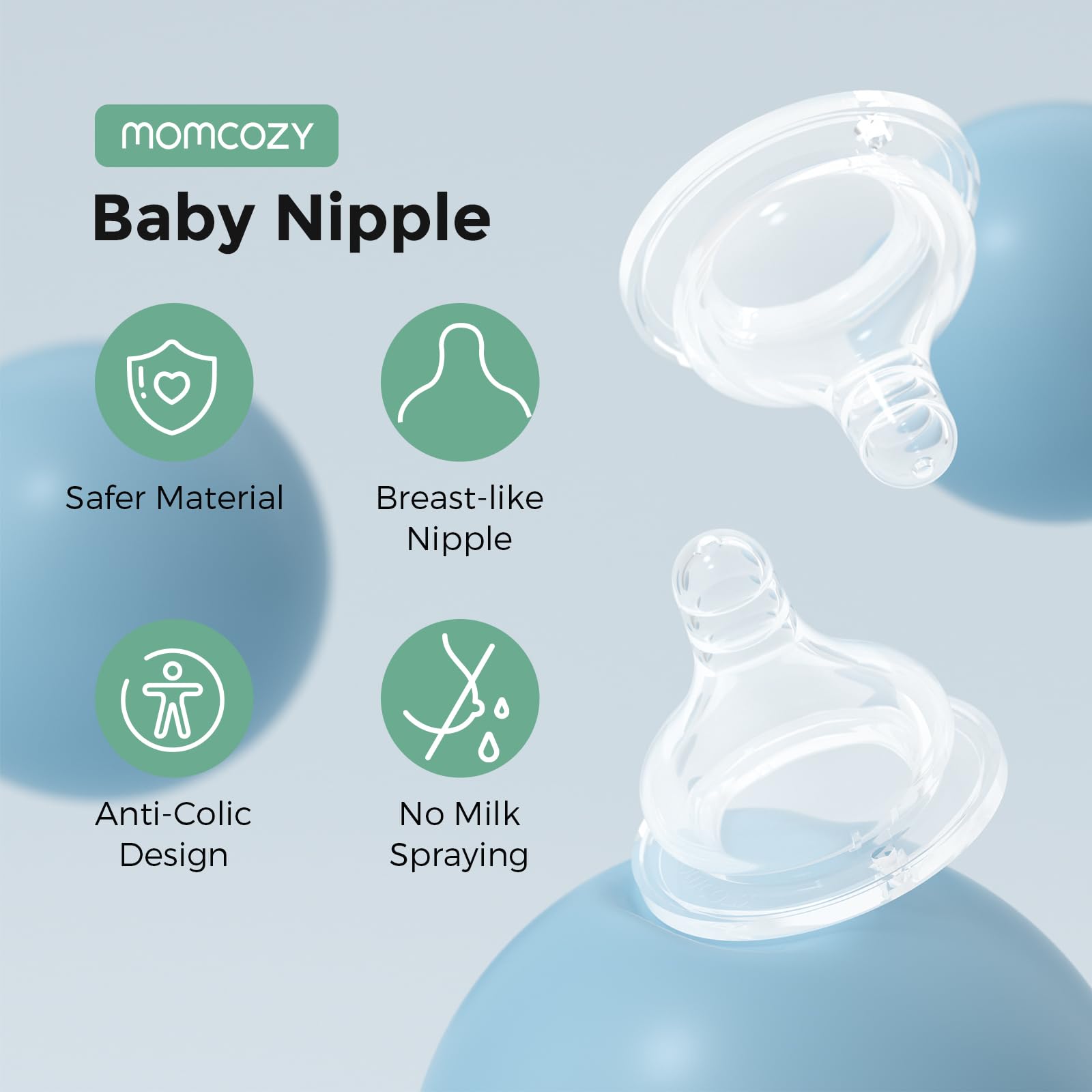 Momcozy BPA-free silicone nipple supports safe, comfortable feeding for newborns.