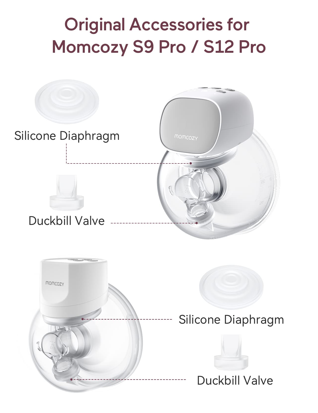 Momcozy BPA-free silicone pump parts for safe milk-contact use.