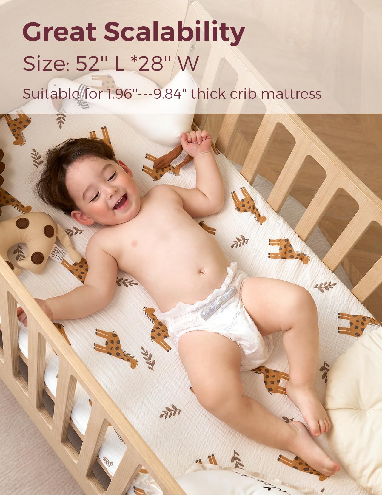 Momcozy Bravery Giraffe crib sheet with 360 wrap keeps sheet secure all night.