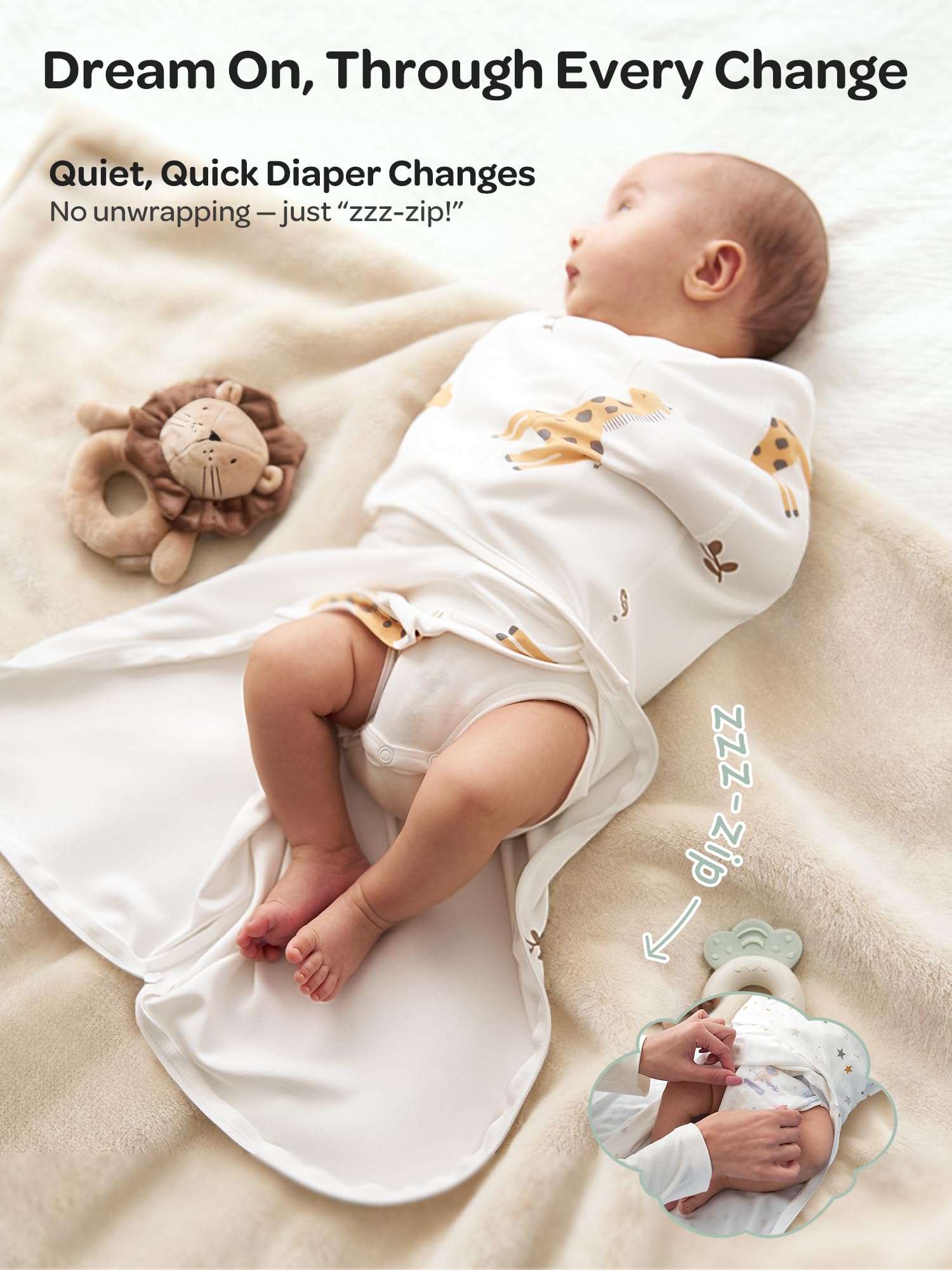 Momcozy Bravery swaddle wide-hip-bottom encourages natural leg movement and hip-friendly design.