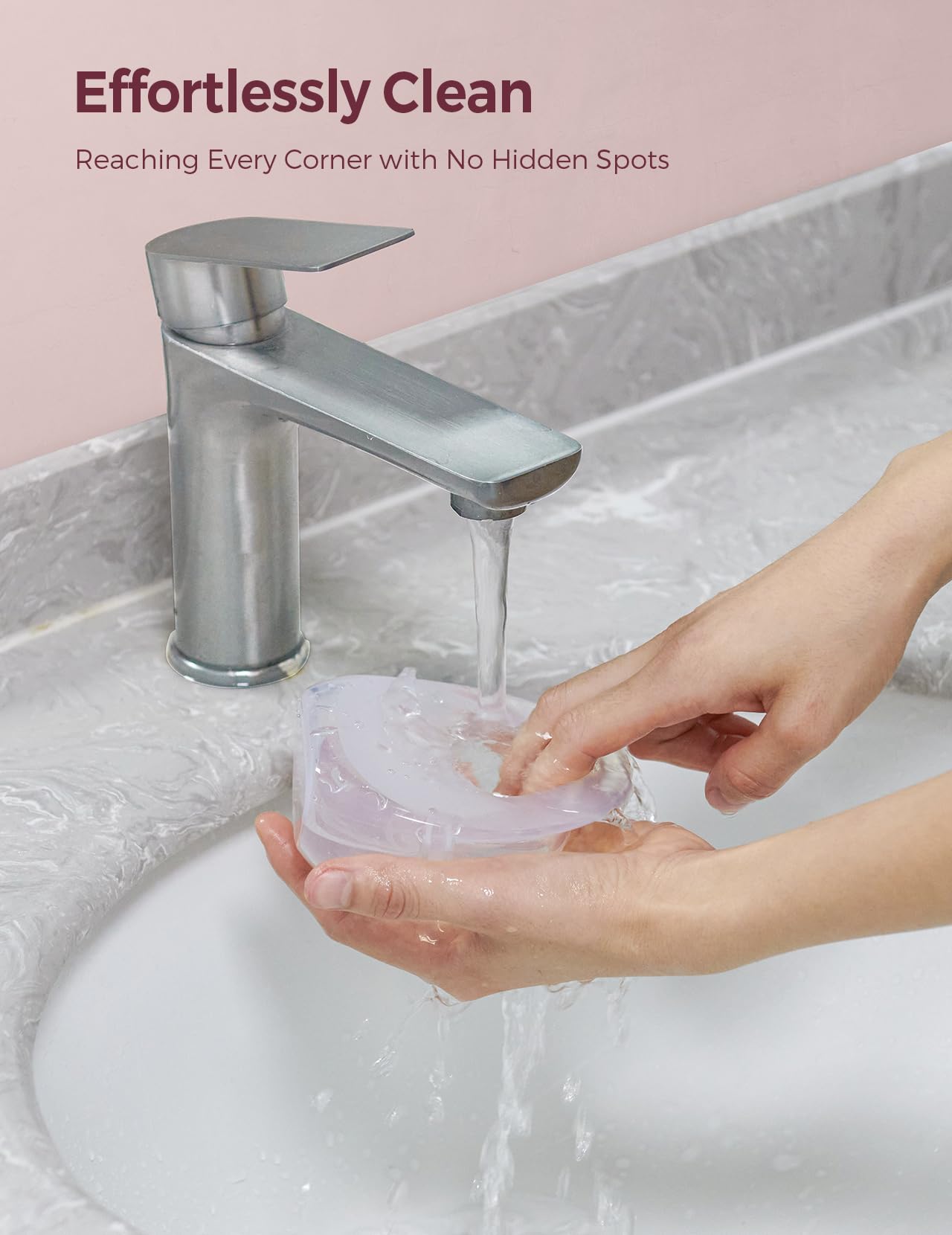 Dishwasher-safe silicone collector shown beside sink for easy cleaning.