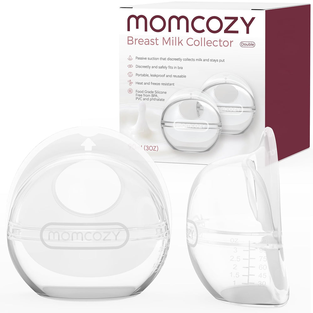 Momcozy breast milk collector two-piece shell for easy hands-free milk capture.