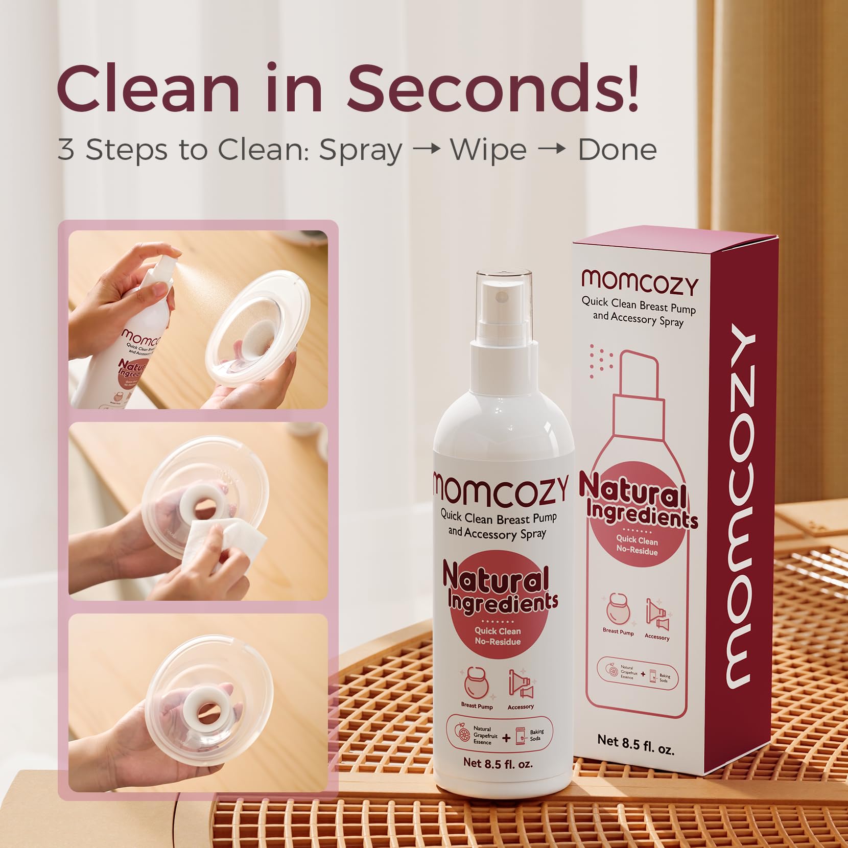 Momcozy cleaner removing milk-fat residue from pump components.
