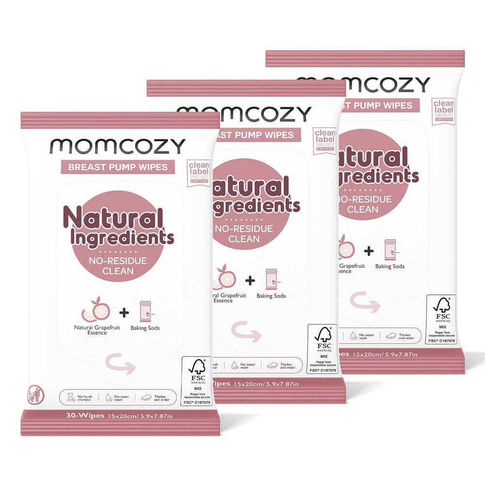 Momcozy breast pump wipes front view in a 3-pack for quick on-the-go cleaning of pump parts
