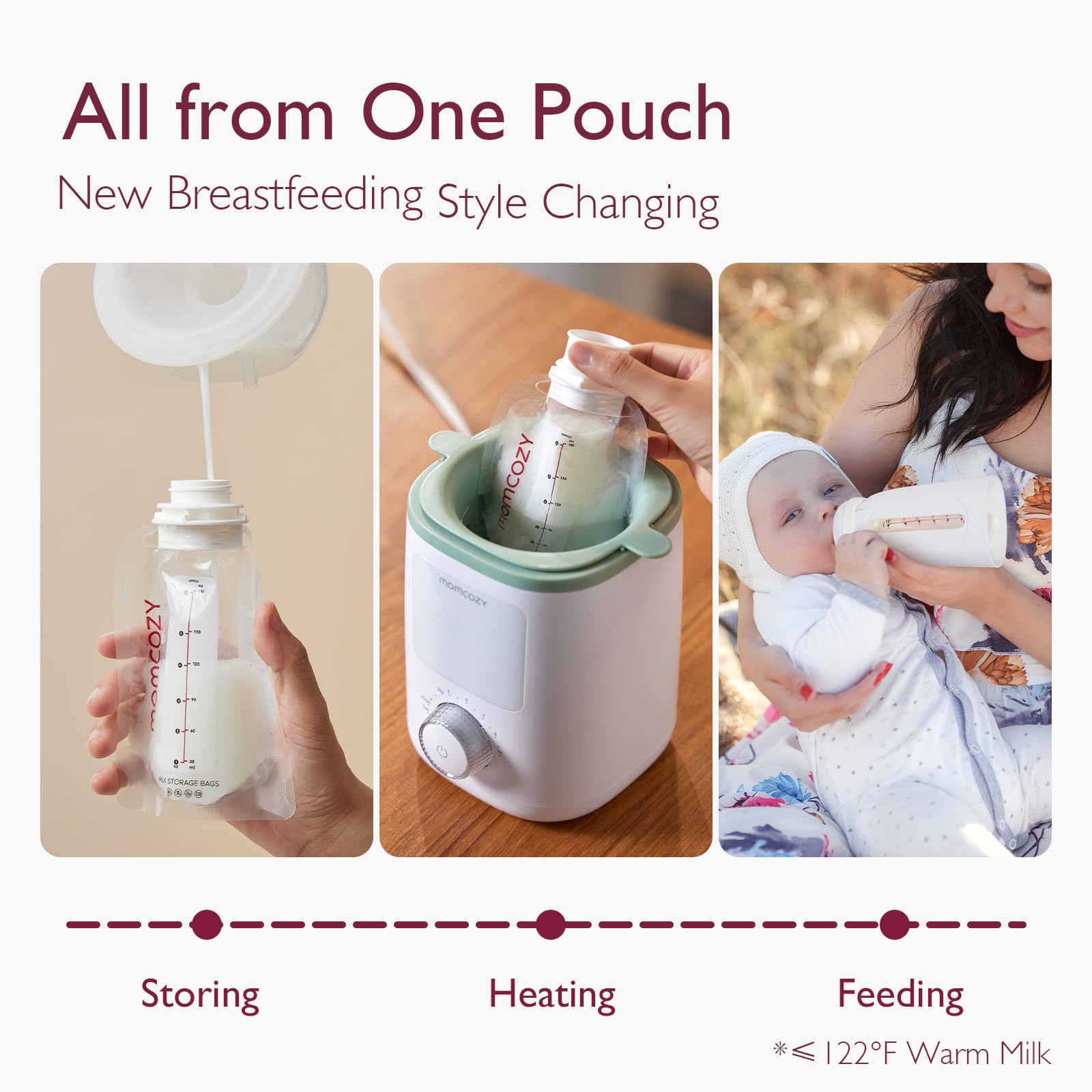 Momcozy 6oz breastmilk pouch shows leak-proof seal for safe freezing.
