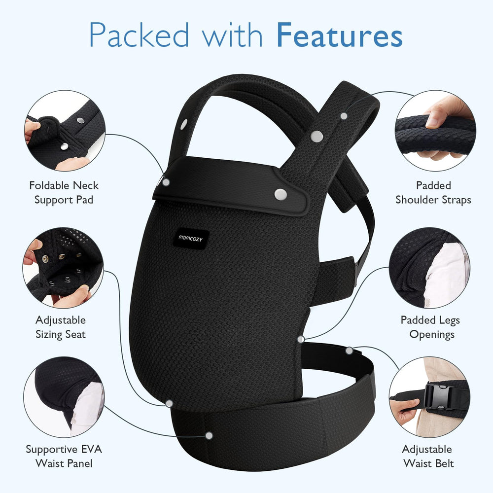Momcozy breathable mesh baby carrier with adjustable waist strap for a secure fit.