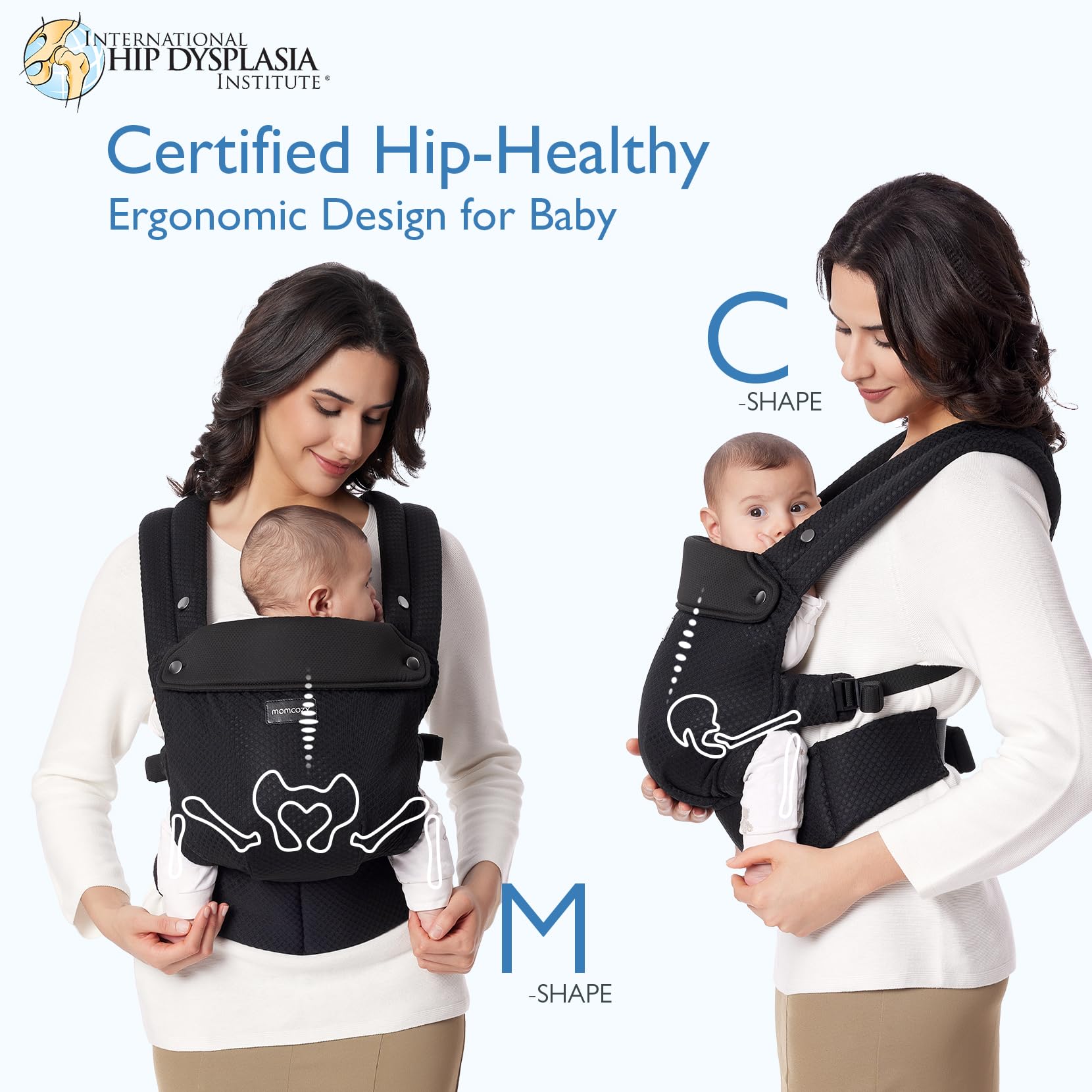 Momcozy breathable mesh baby carrier shows baby inside to illustrate hands-free use.