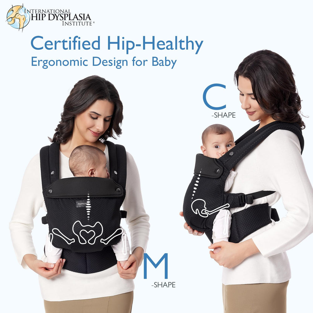 Momcozy breathable mesh baby carrier shows baby inside to illustrate hands-free use.