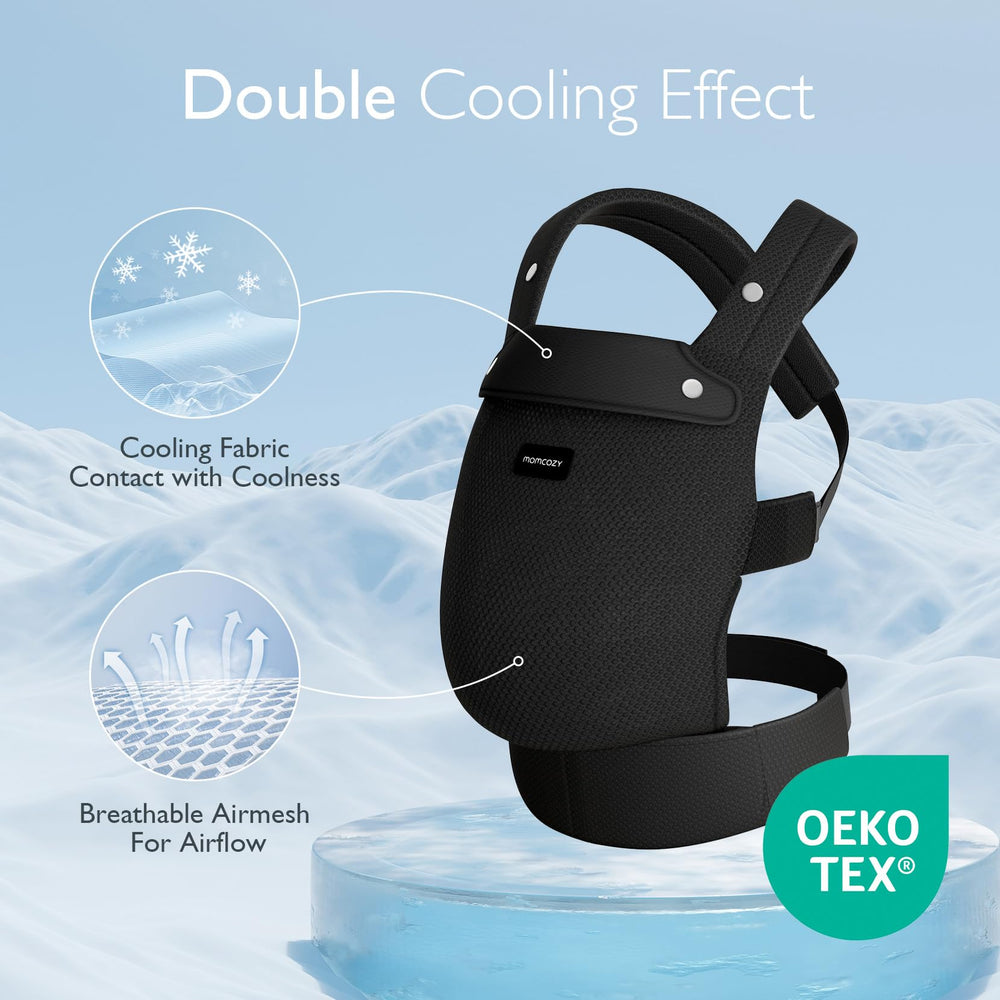 Momcozy breathable mesh baby carrier neck area closeup shows cooling fabric for comfort.