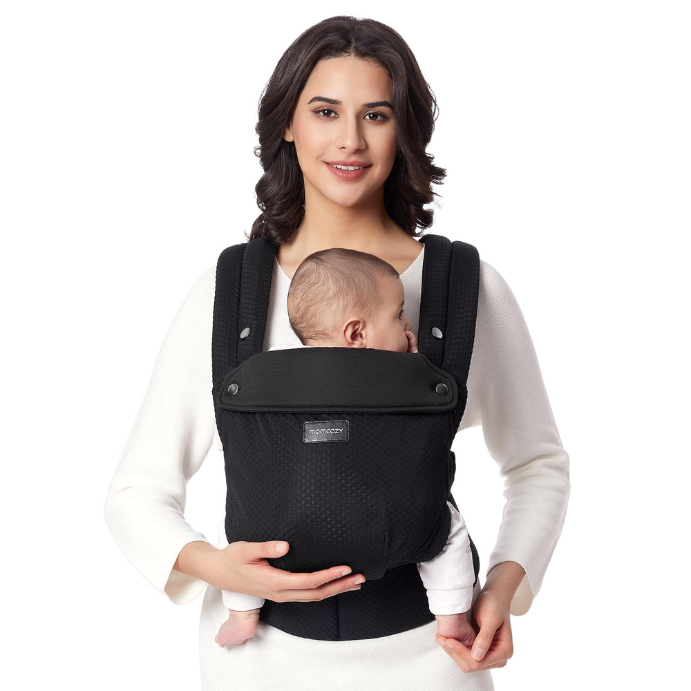 Momcozy breathable mesh baby carrier outer view emphasizes airy fabric for all-day comfort.