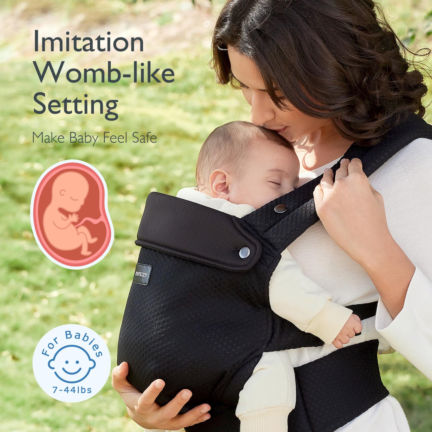 Momcozy breathable mesh baby carrier padded shoulders indicate comfortable wear.