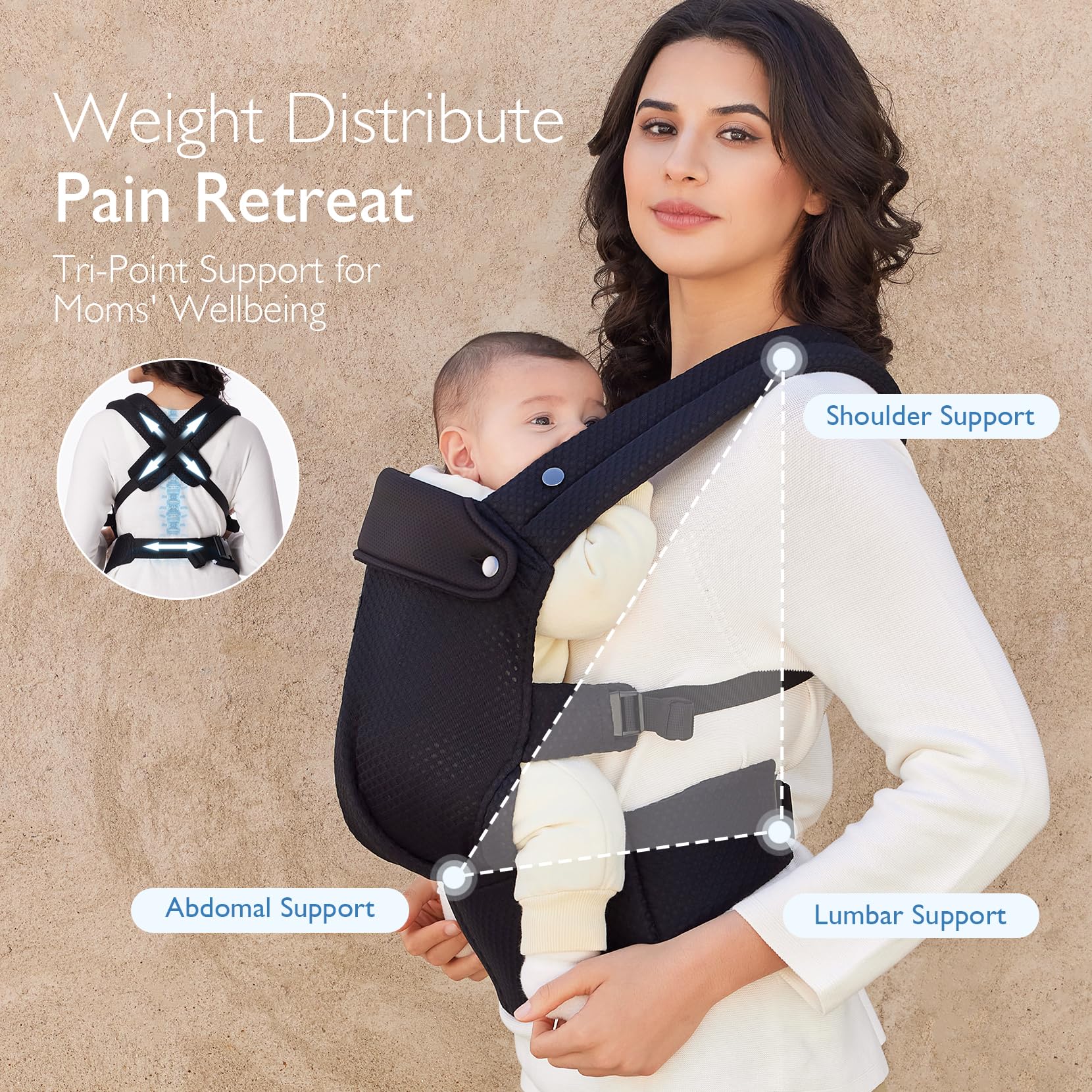 Momcozy breathable mesh baby carrier side adjustments highlight easy size tuning.