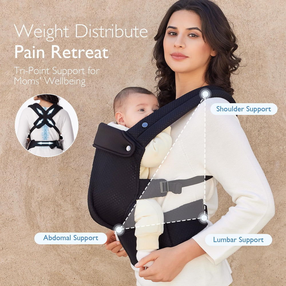 Momcozy breathable mesh baby carrier side adjustments highlight easy size tuning.
