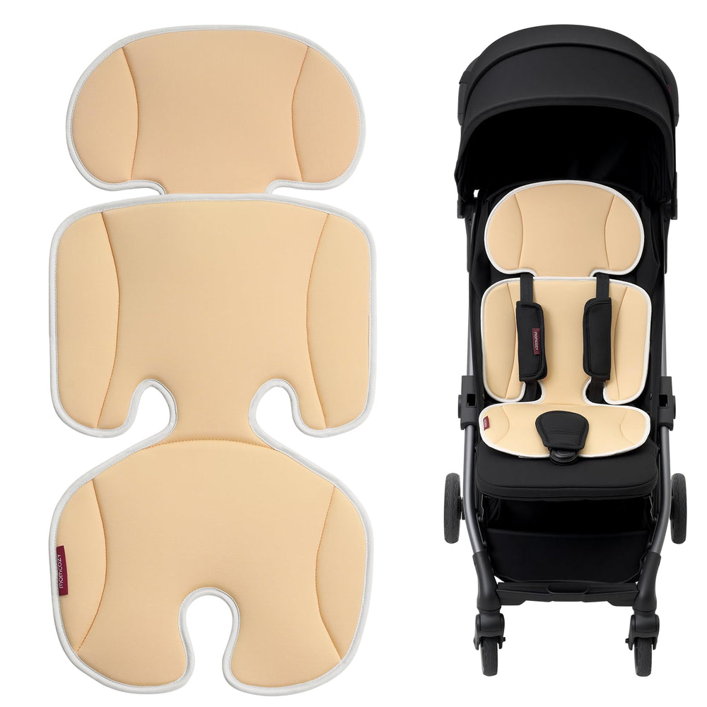 Momcozy Breathable Stroller Seat Liner hero demonstrates cooling-touch fabric for a drier seat.