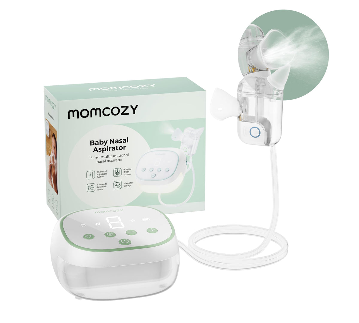 Momcozy BreezyClear Pro nasal aspirator shown for safe mucus removal in infants