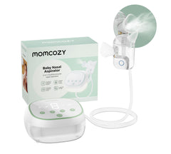 Momcozy BreezyClear Pro nasal aspirator shown for safe mucus removal in infants