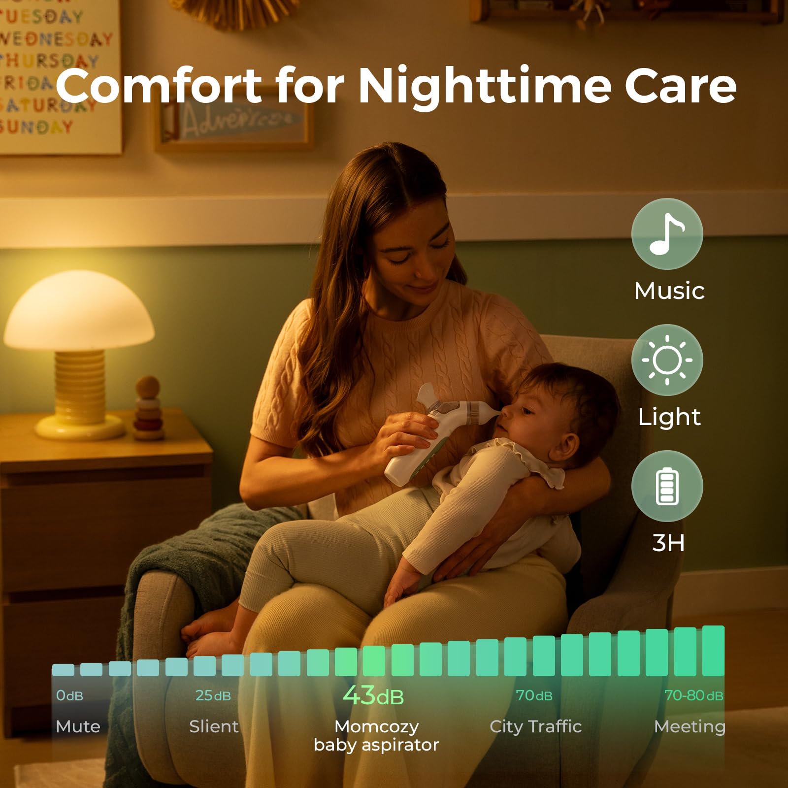 Momcozy BreezyClear operates quietly at 43 dB for peaceful nightly use.