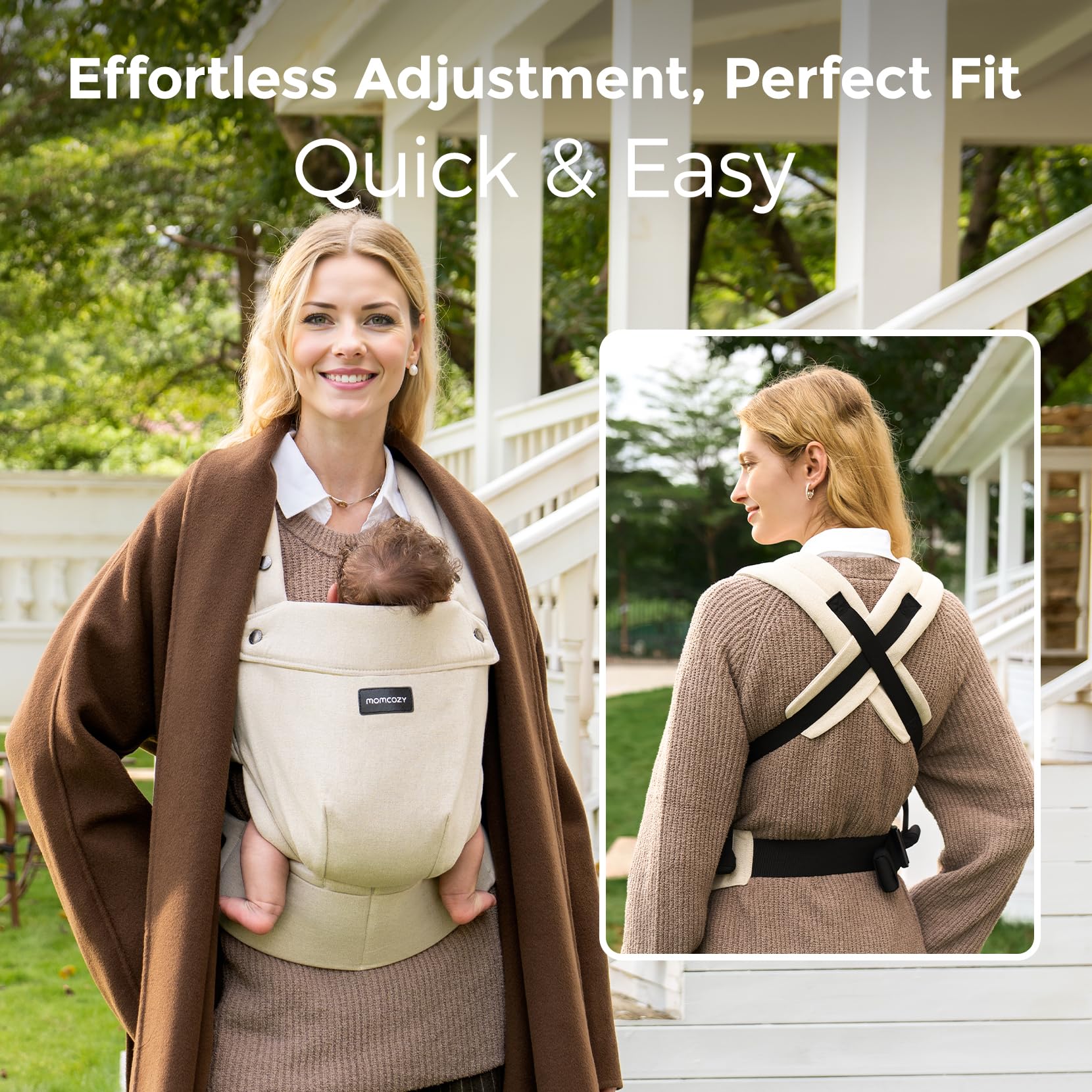 Momcozy carrier's EVA waist support reduces back strain.