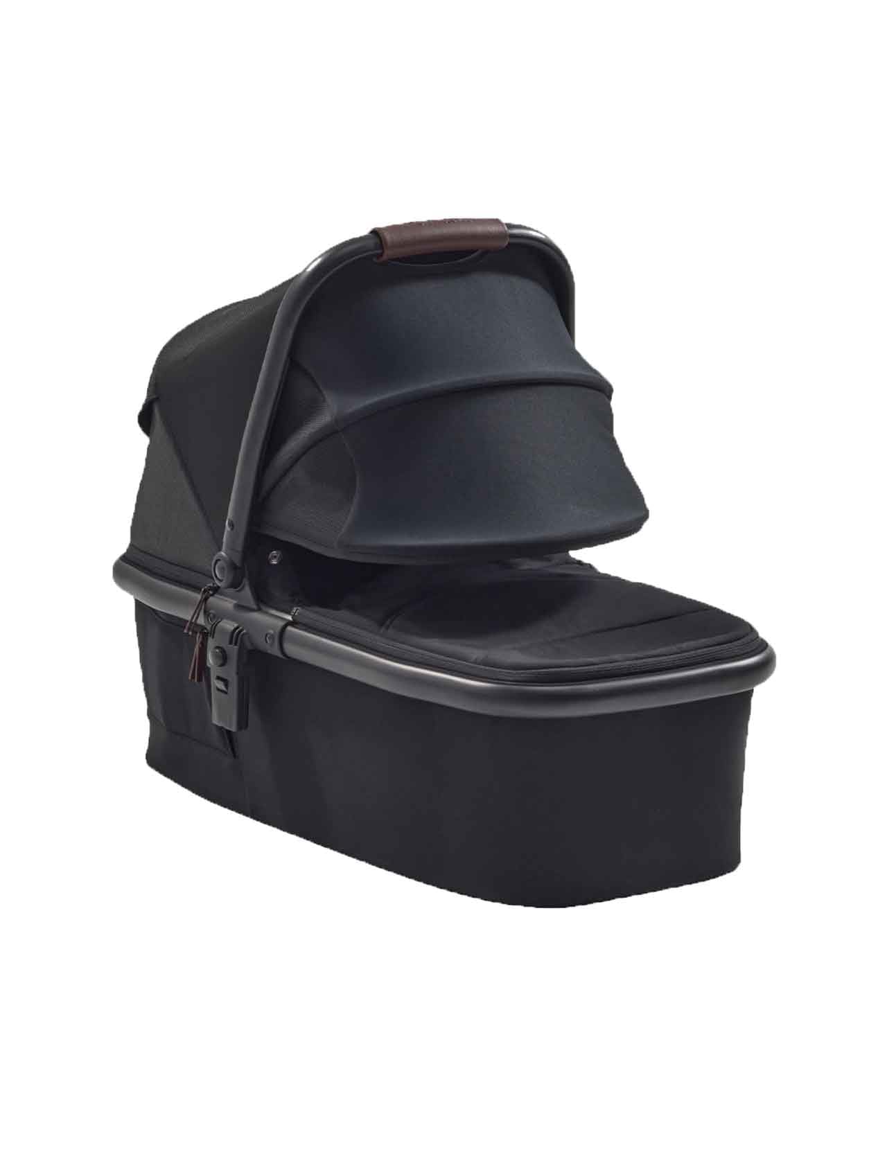 Momcozy ChangeGo carrycot attachment buckled to stroller for tool-free setup and stability