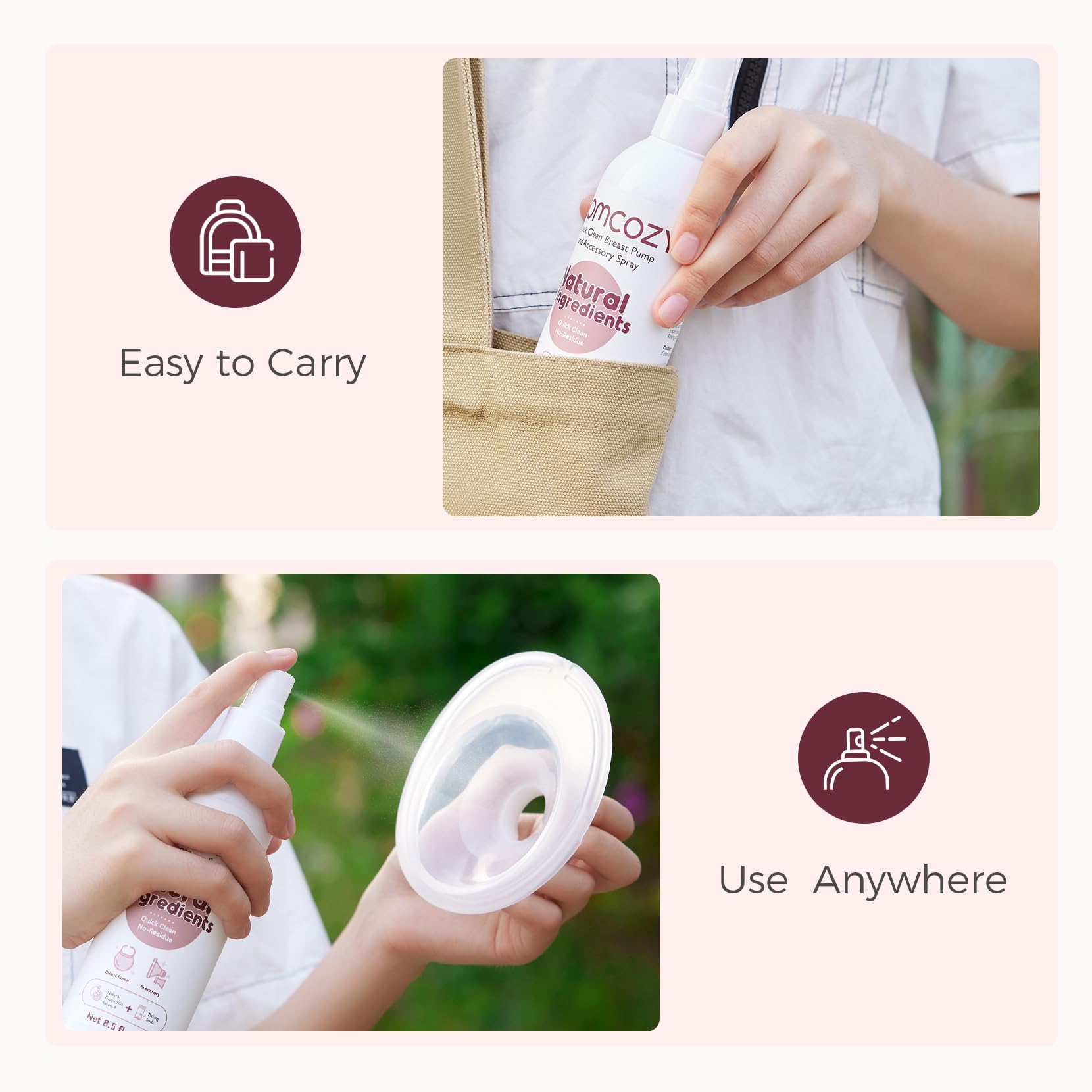 Ingredients include baking soda and grapefruit oil in Momcozy cleaner.