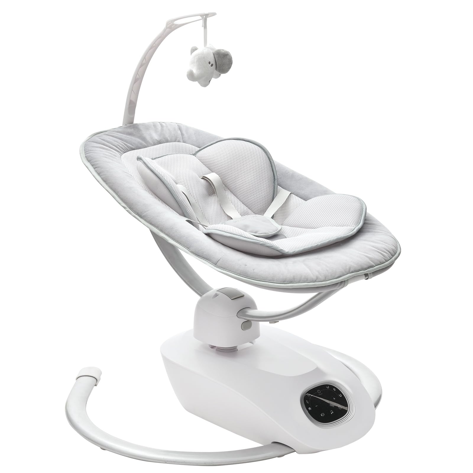 Momcozy CocoSway reclining seat provides 15° to 28° tilt for comfort.