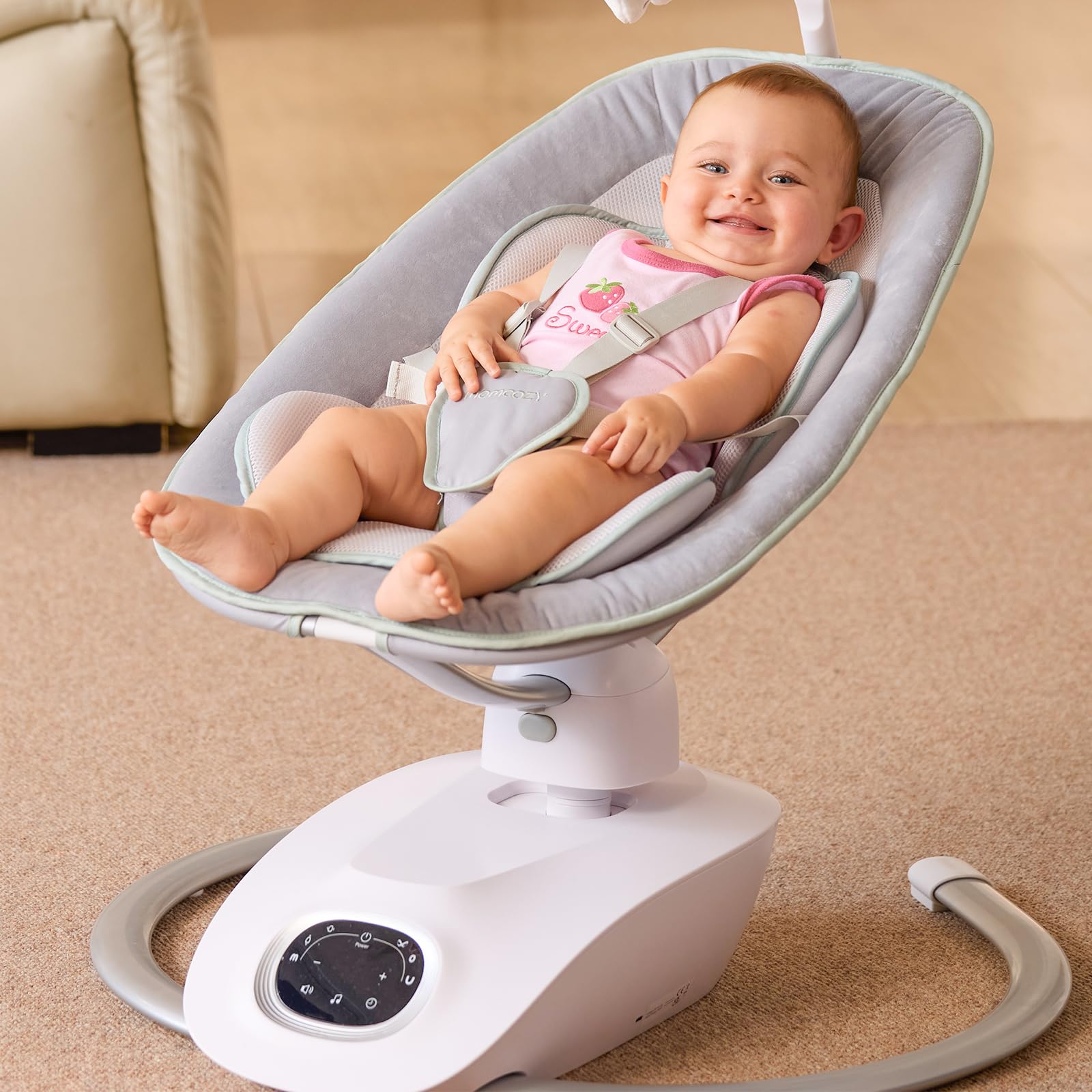 Momcozy CocoSway soft mesh panel with plush seat for breathable comfort.