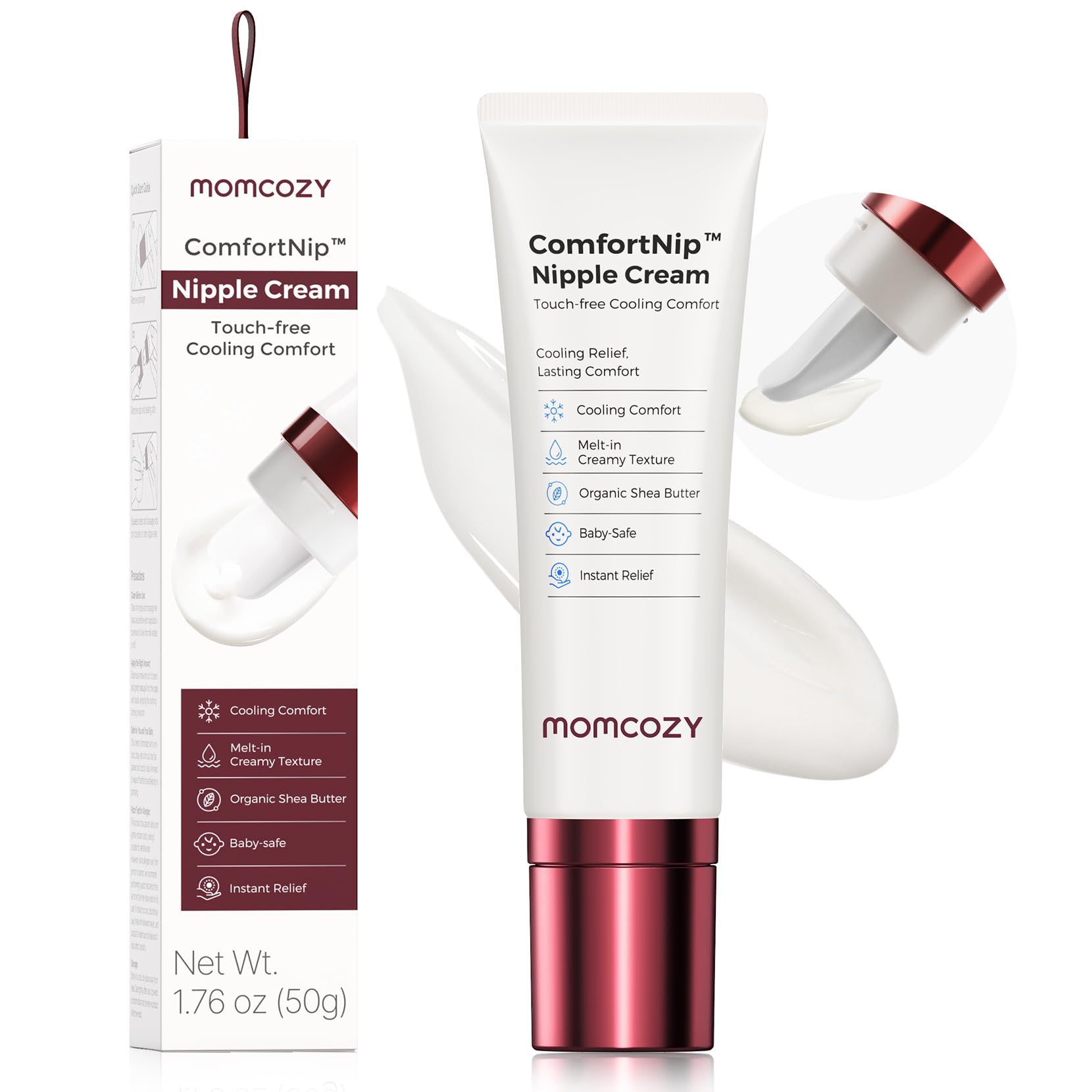 Momcozy ComfortNip cooling tip demonstrates instant relief for breastfeeding nipples.