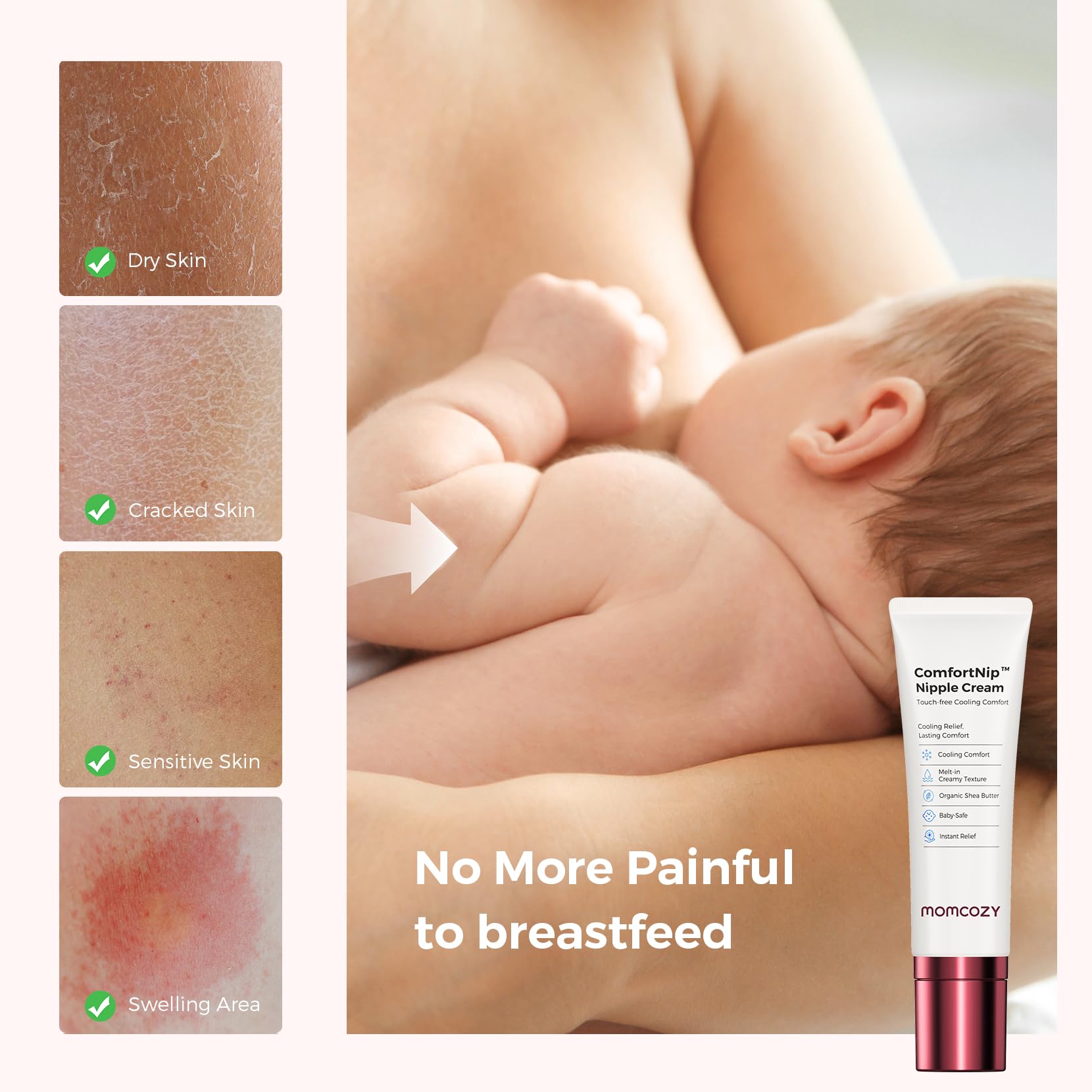 Momcozy ComfortNip packaging shows hygienic and easy-to-use nipple cream.