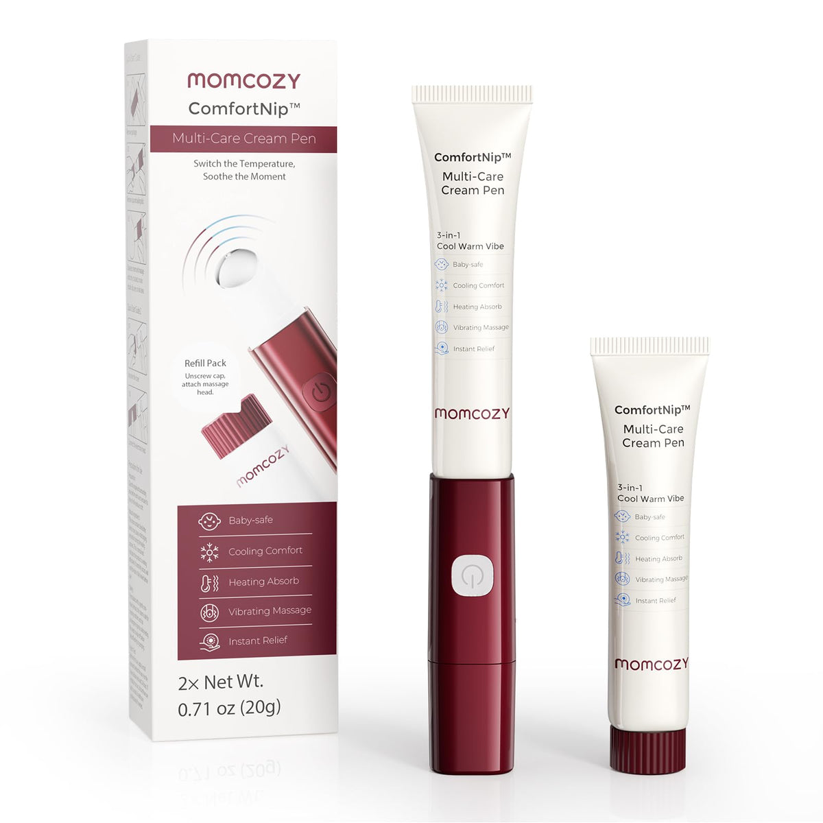 Momcozy ComfortNip pen close-up highlighting heat mode for faster absorption.