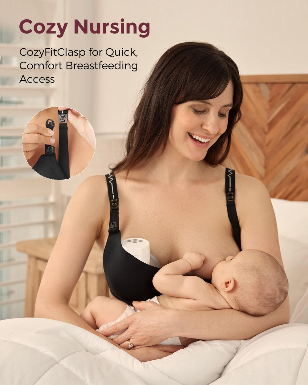 Momcozy CozyFitClasp highlights expanding space for comfortable pumping.