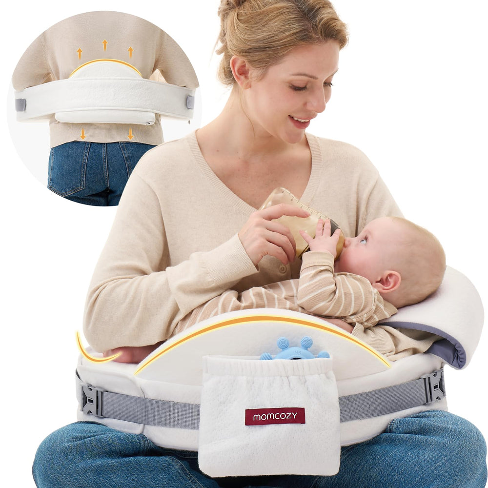 Momcozy CozyPro nursing pillow with lumbar support for comfortable feeding posture.