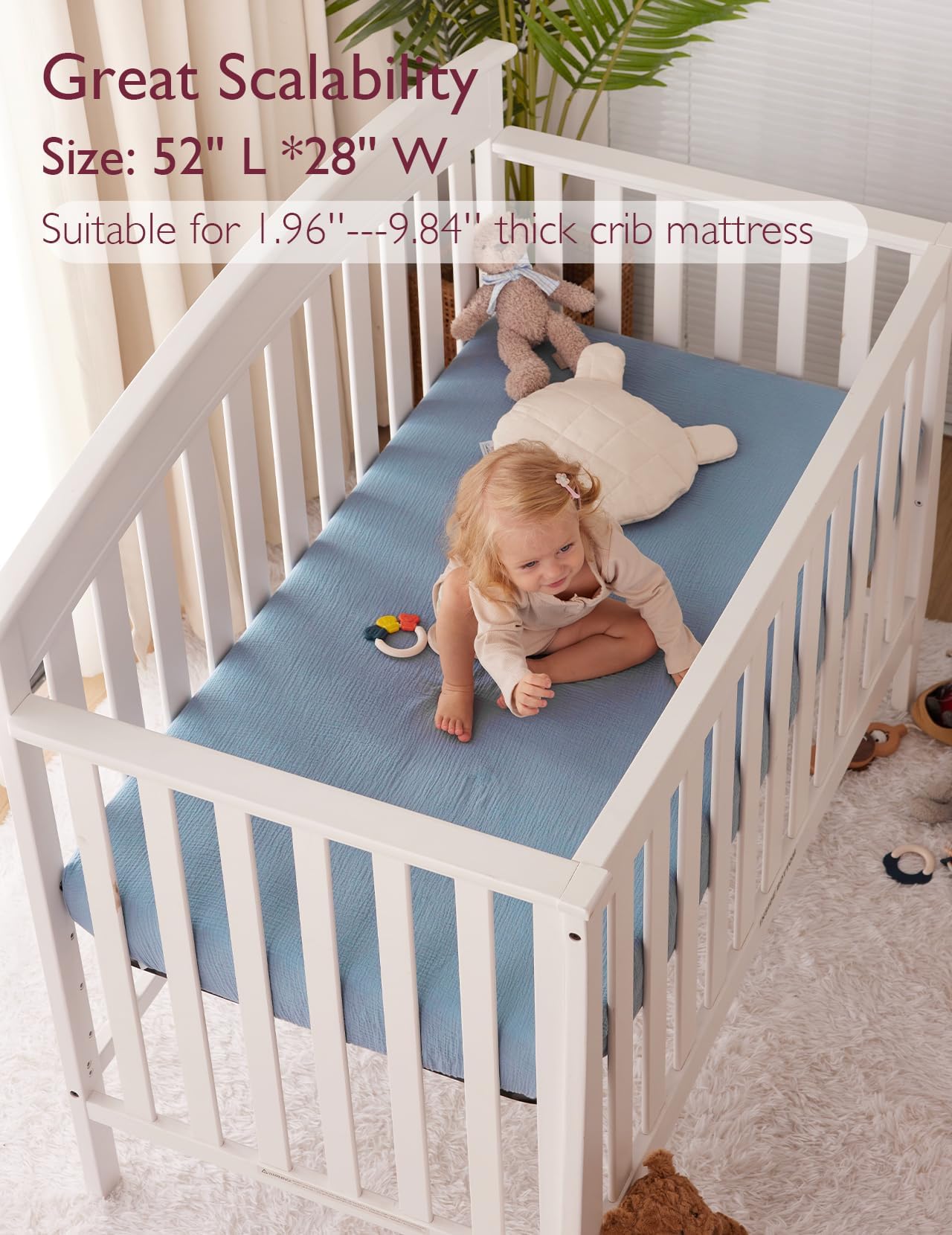 Momcozy crib sheet with 360-wrap elastic bands for secure, slip-free night sleep.