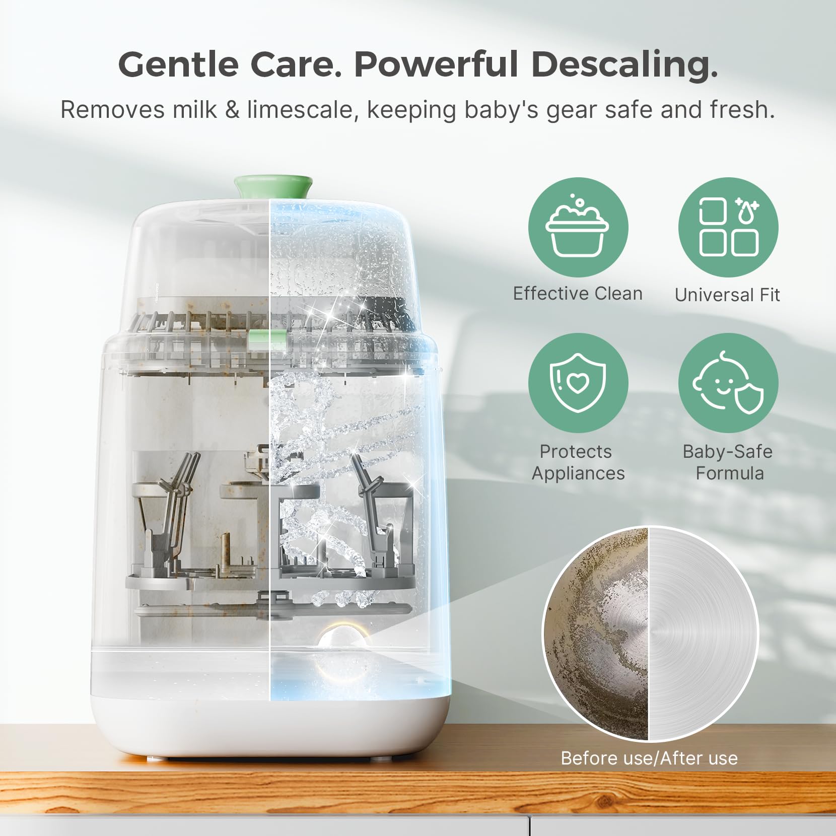 Momcozy tablet dissolving in water to show quick descaling action