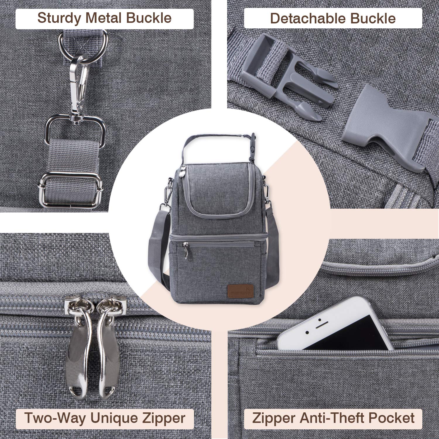 Momcozy detachable buckle and shoulder strap attach to strollers for hands-free carrying.