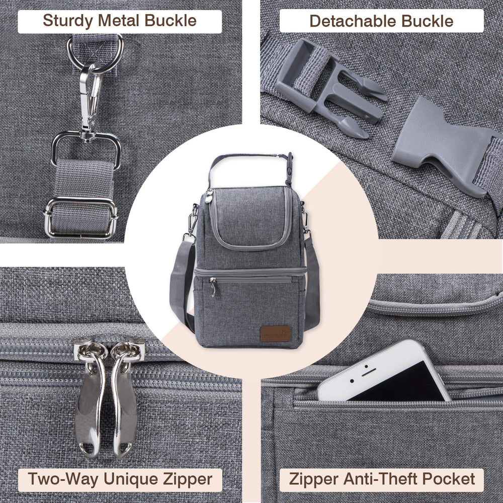 Momcozy detachable buckle and shoulder strap attach to strollers for hands-free carrying.