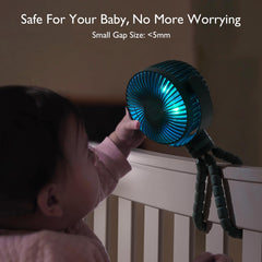 Momcozy detachable fan head and tripod offer flexible placement and charging.