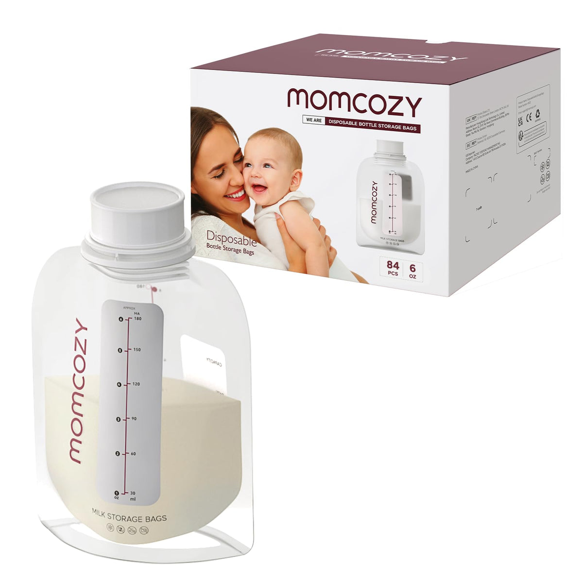 Momcozy direct-to-feed milk bag with twist-cap lid for secure storage and quick feeding.