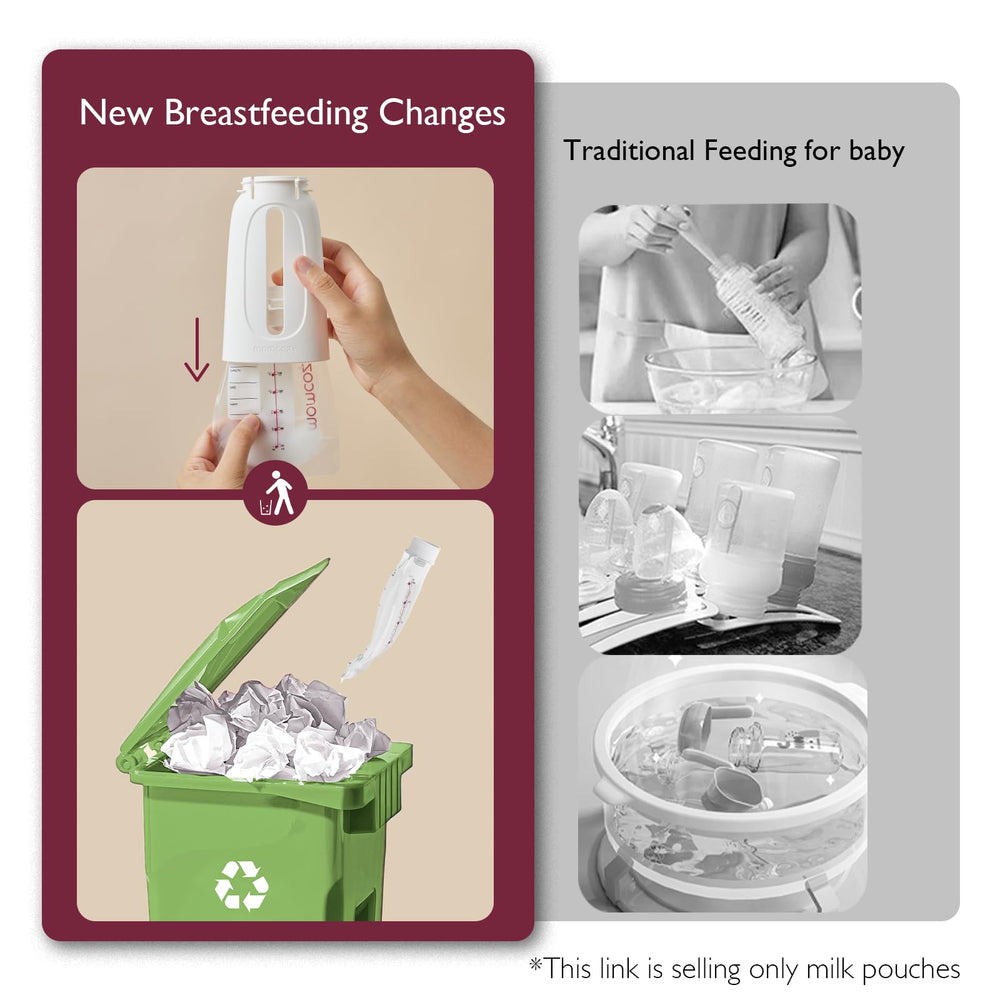 Momcozy disposable pouches arranged for easy heating and direct feeding.