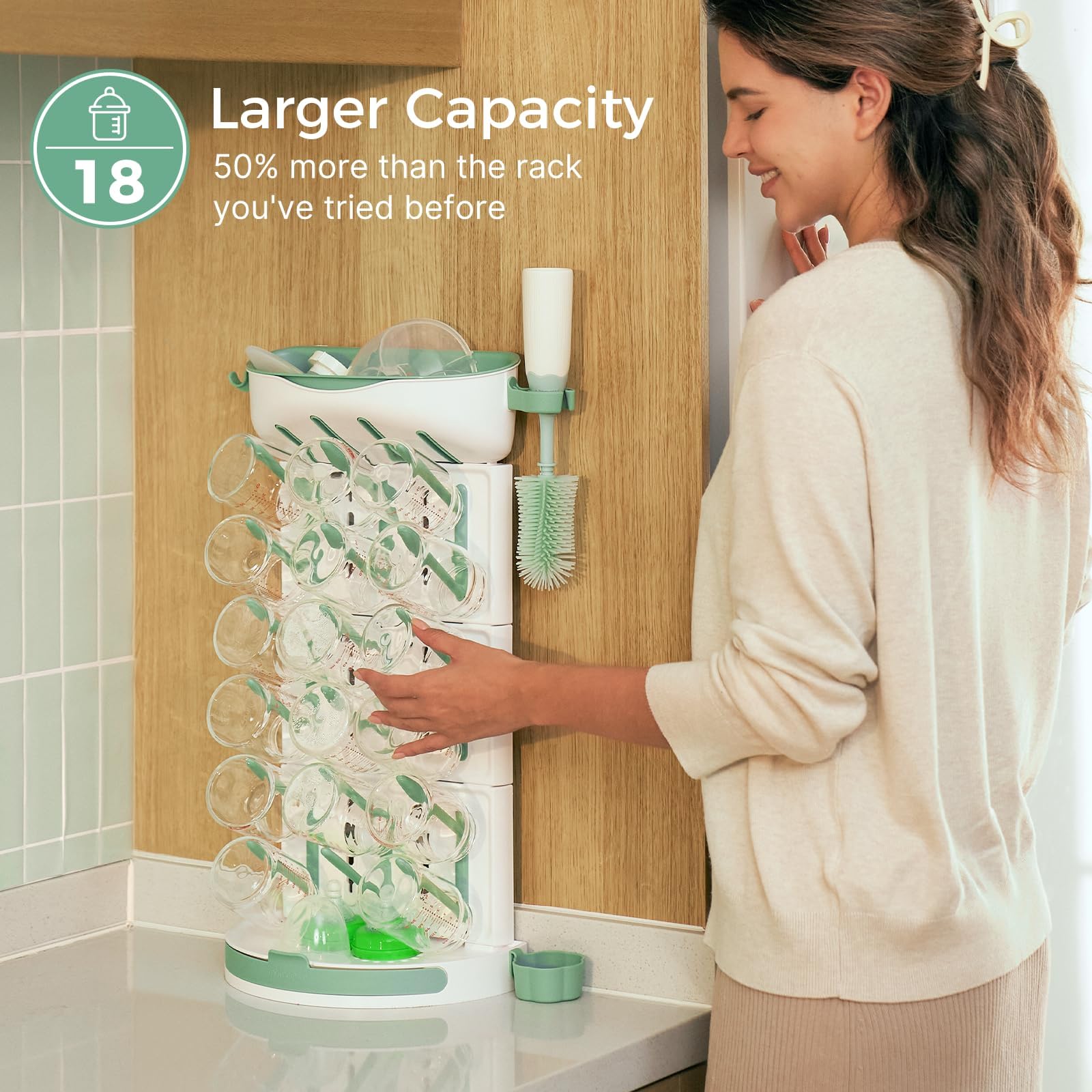 Momcozy bottle drying rack with built-in brush holder for quick access