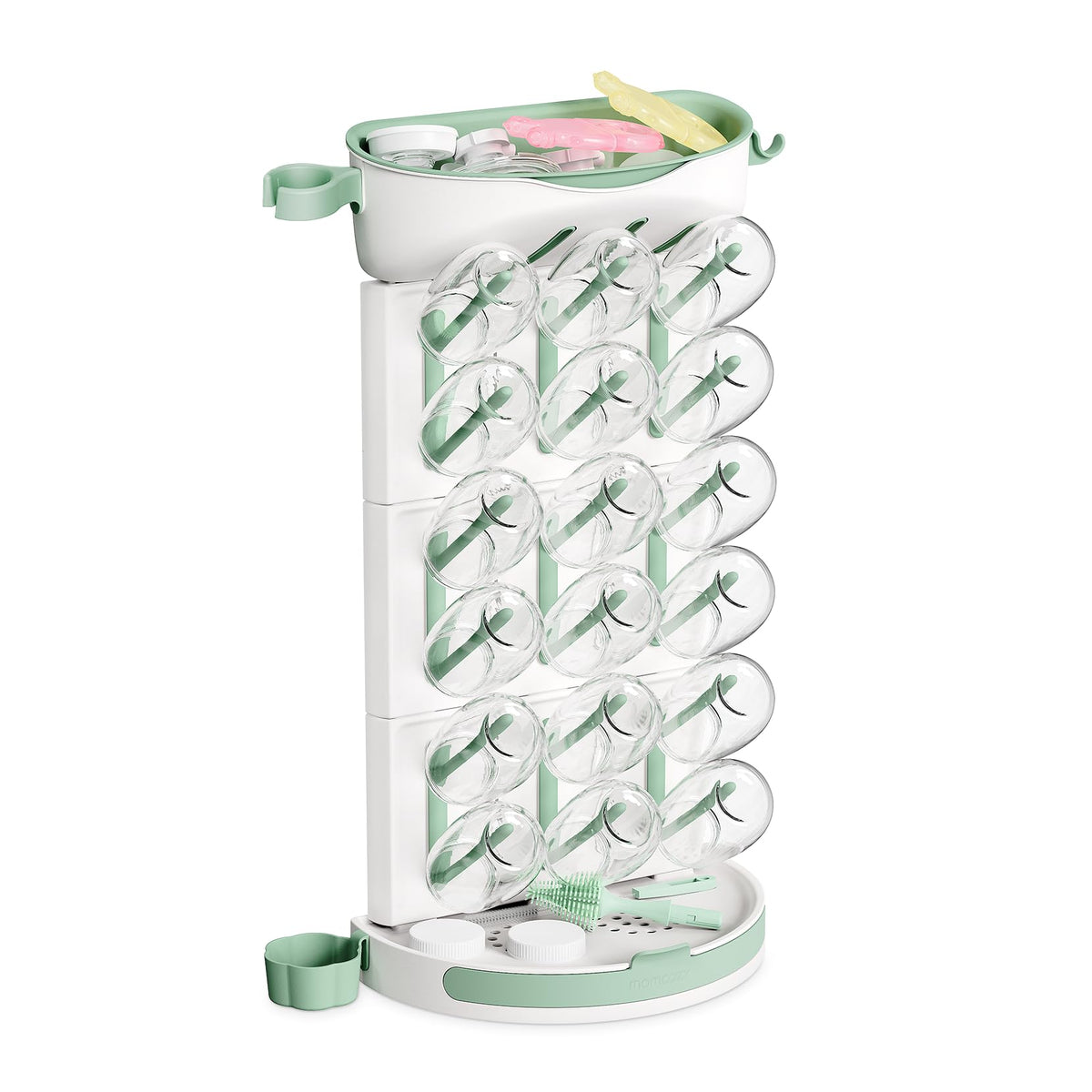 Momcozy DIY bottle drying rack fully loaded, showcasing 18-bottle capacity for organized drying
