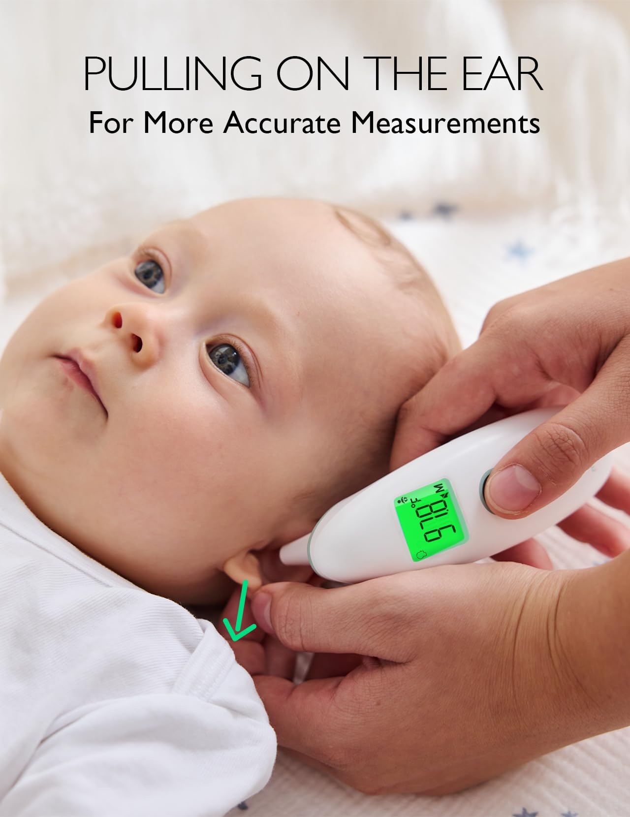 Momcozy ear-temperature measurement highlights versatile mode for fast checks.