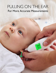 Momcozy ear-temperature measurement highlights versatile mode for fast checks.