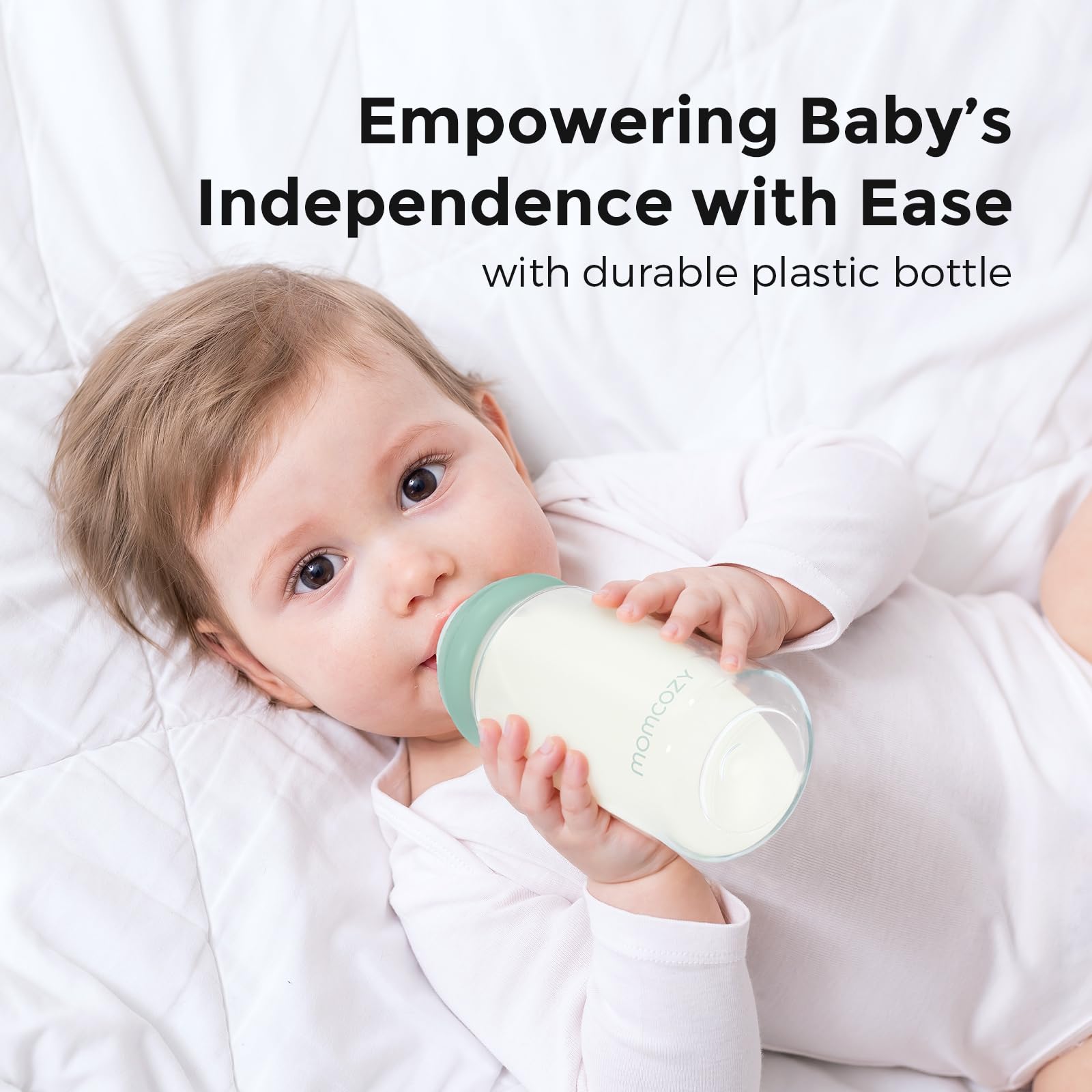 Momcozy easy-clean silicone nipple; compatible with steam sterilizers for quick hygiene.