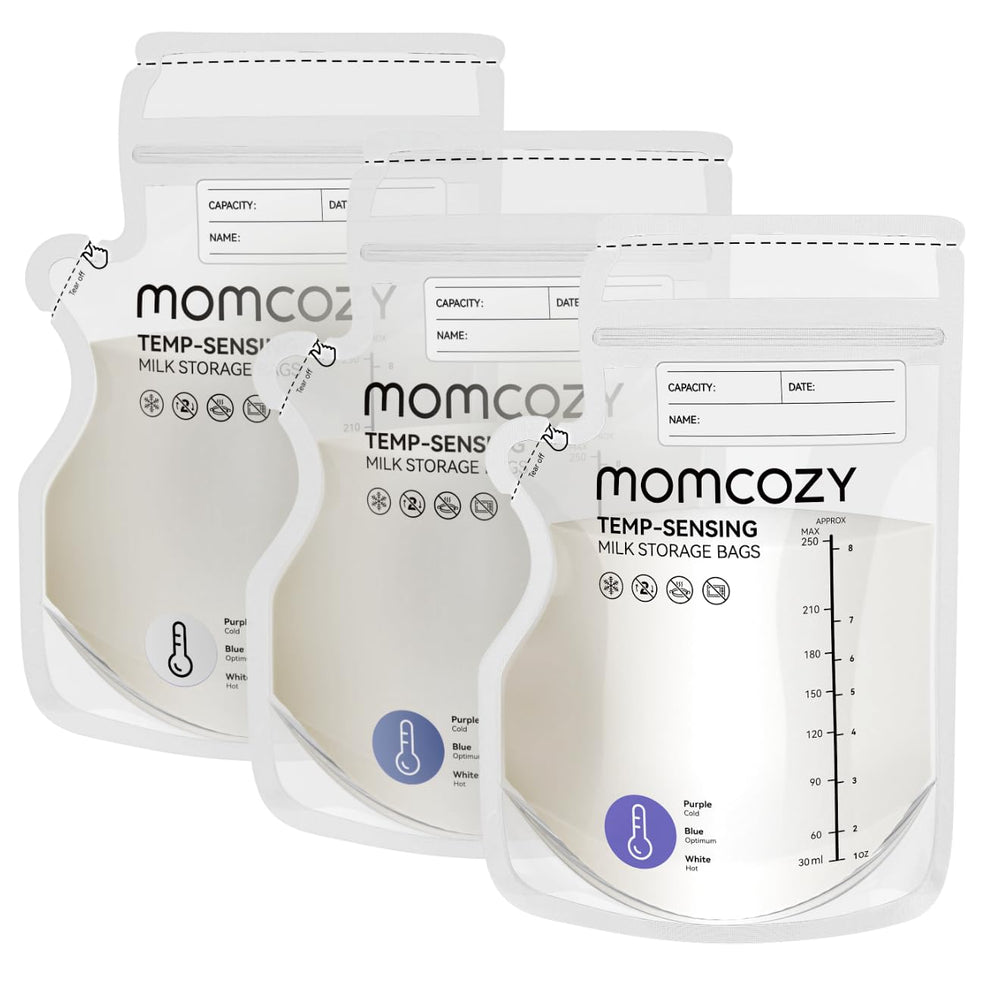 Momcozy Easy Pour bag shows temperature color change from purple to blue to white for handling cues