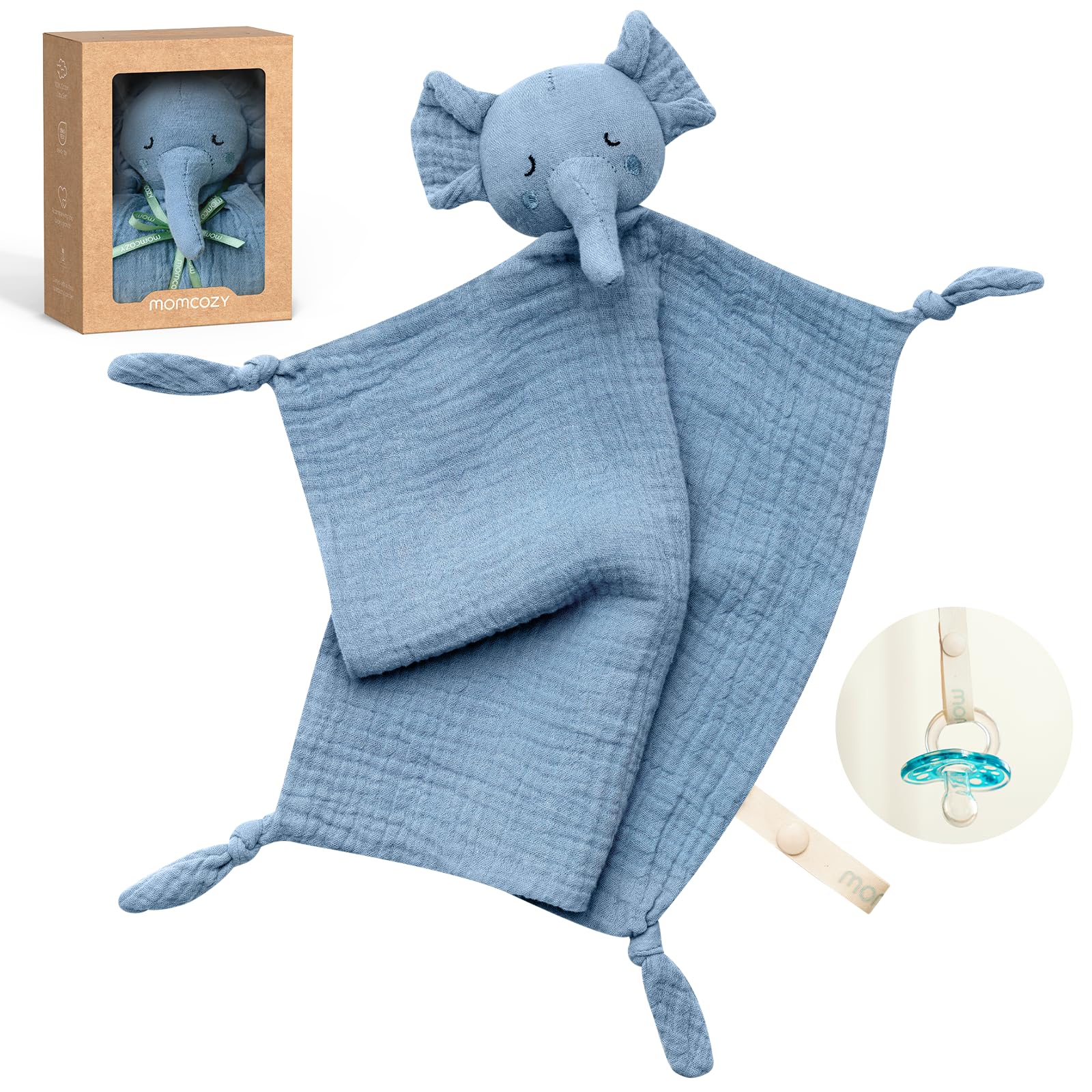 Momcozy Elephant Lovey blue 14 inch offers gentle on-the-go comfort for babies