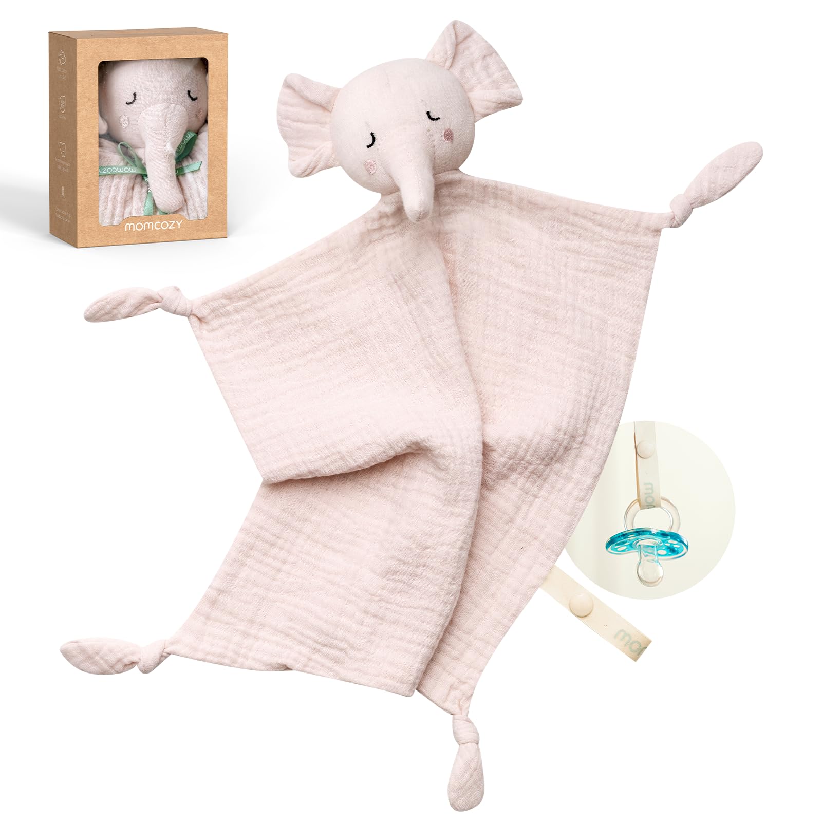 Momcozy Elephant Lovey head close-up showing soft cotton for gentle baby comfort