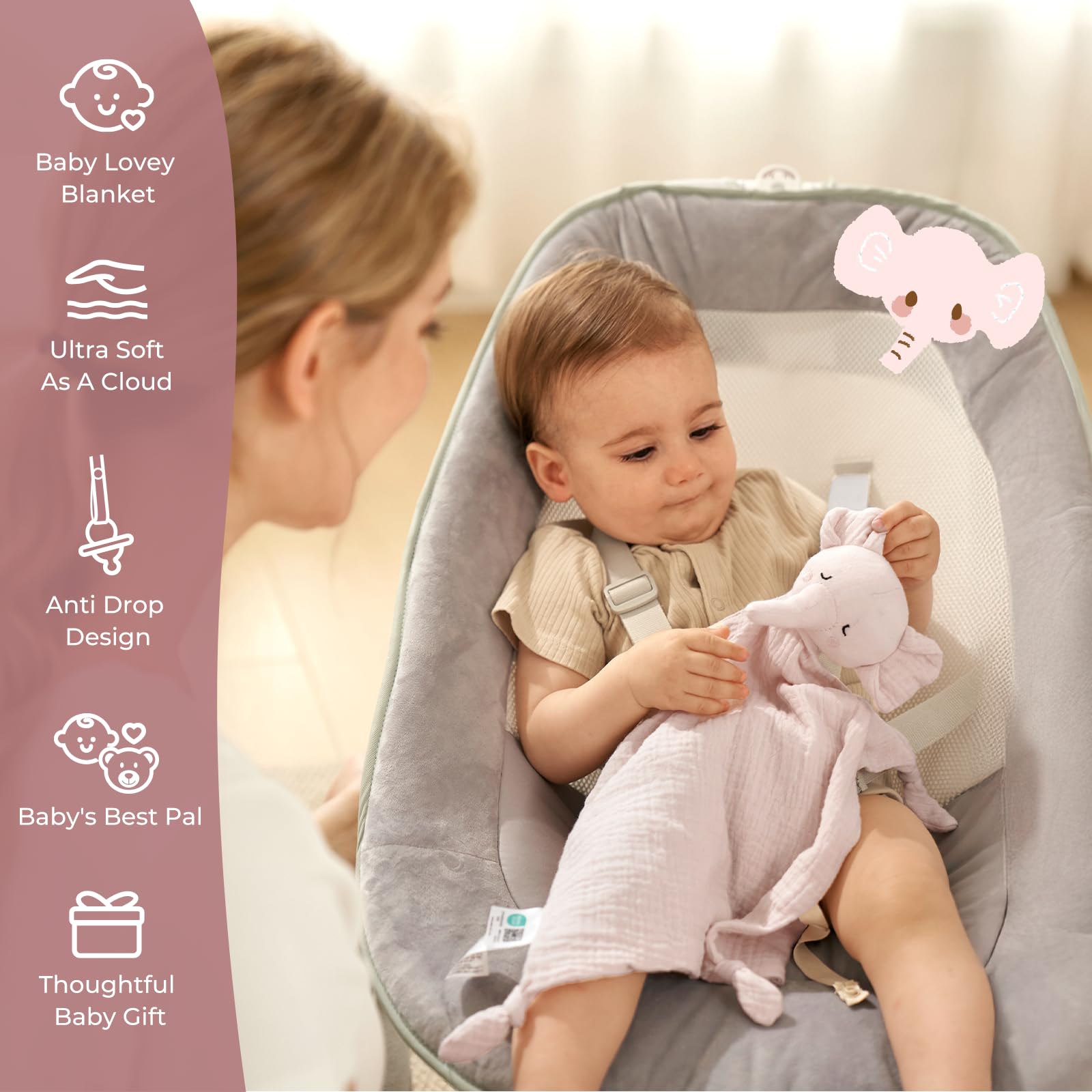 Momcozy Elephant Lovey pacifier-loop close-up for easy pacifier access