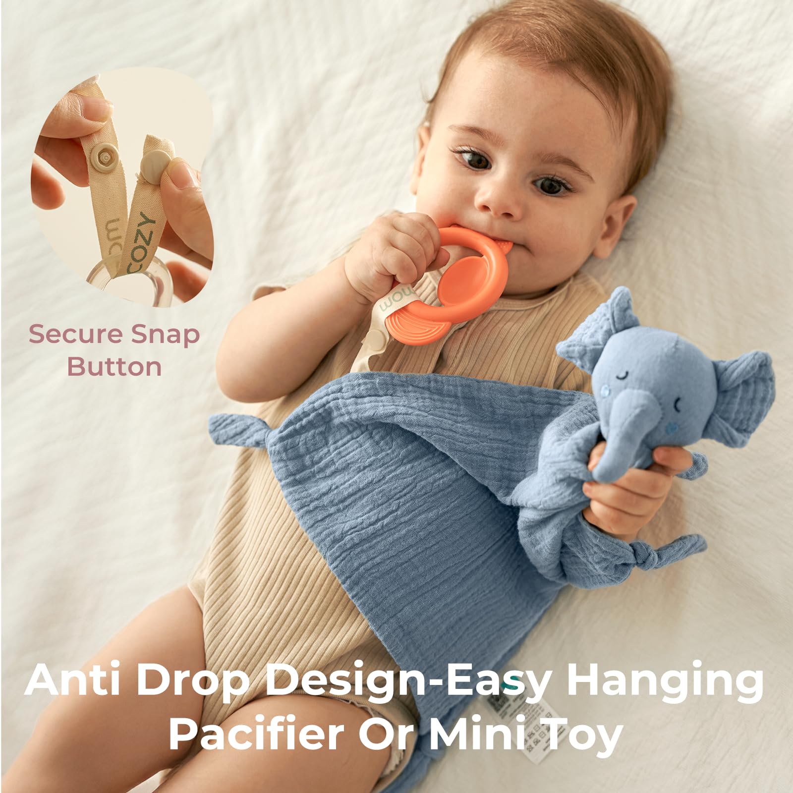 Knotted corners of Momcozy Elephant Lovey invite tiny hands to explore